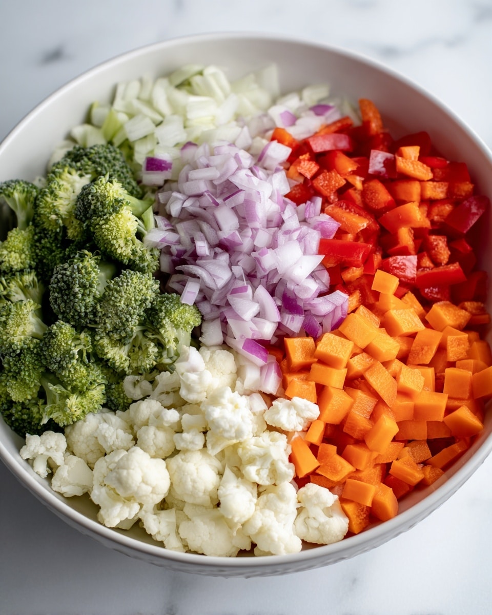 A white bowl holds five different piles of chopped vegetables arranged side by side, each pile bright and clear. Starting from the front left, there are small broccoli florets with a fresh green color and bumpy texture. Next to it, in the center, are finely chopped red onions showing white and purple layers, giving a soft, fibrous look. To the right of the onions, small red bell pepper cubes with smooth and shiny red skin are piled. At the back right, there are small orange carrot cubes with a solid, matte texture. Finally, at the back left, a heap of small white cauliflower pieces with a rough texture completes the circle. The bowl sits on a white marbled surface. photo taken with an iphone --ar 4:5 --v 7