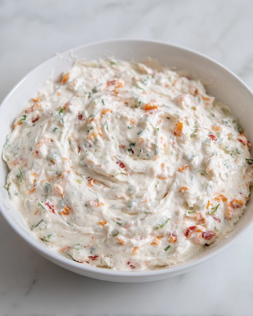 A white bowl filled with a thick, creamy dip that has a rich white base mixed with small bits of orange, green, and red ingredients spread evenly throughout. The dip has a slightly uneven surface with some smooth swirls and visible chunks, indicating a blend of finely chopped vegetables or herbs. The bowl is placed on a white marbled surface, and the overall texture looks soft and creamy with colorful specks giving it a fresh look. photo taken with an iphone --ar 4:5 --v 7