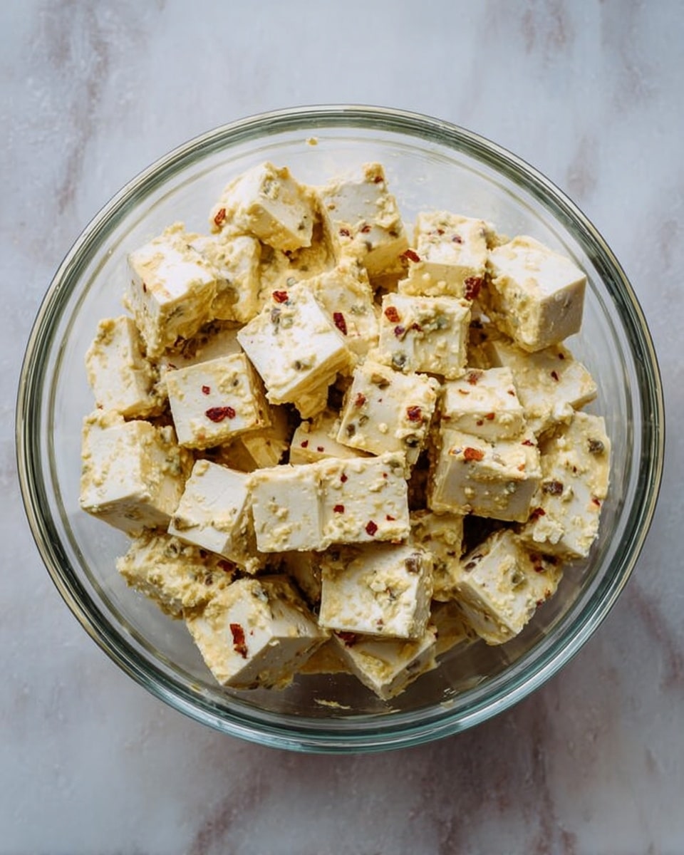 A clear glass bowl filled with many white tofu cubes covered in a creamy sauce with small red and green spice bits, all sitting on a white marbled surface. The tofu pieces are cut into uniform small squares, coated evenly by the sauce that looks light yellow with texture from the spices. The photo is taken from above showing all the tofu cubes inside the bowl. photo taken with an iphone --ar 4:5 --v 7