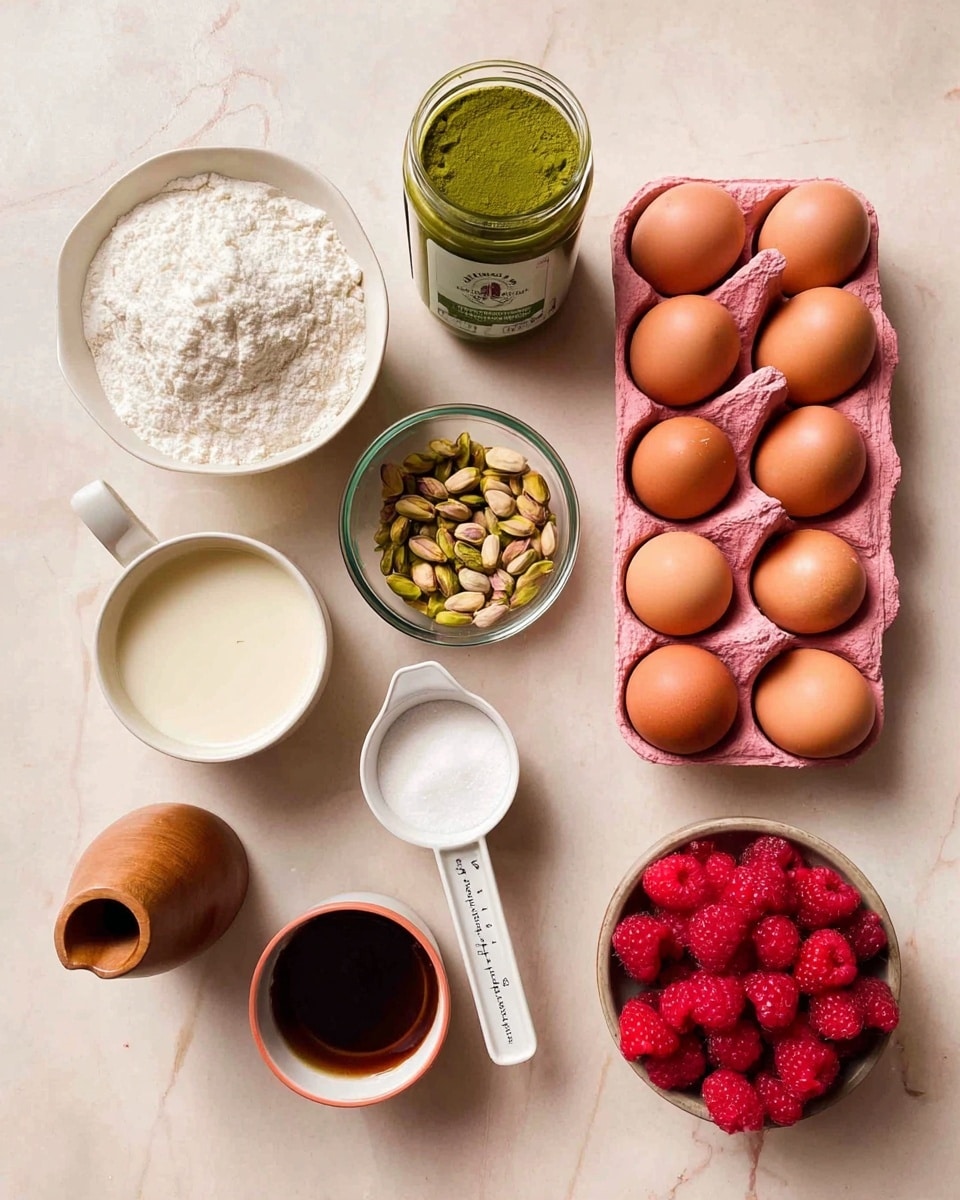 The image shows a white marble surface with various baking ingredients arranged neatly. There is a white bowl filled with white flour on the bottom left, next to a jar of green matcha paste with a green label. A measuring cup with white sugar is placed in the center, and right above it is a small round glass bowl full of shelled pistachios. To the right of the pistachios is a white measuring cup filled with cream, slightly overflowing at the top. Below the cup with cream is a small glass bowl of dark vanilla or coffee liquid. A pink carton holds six brown eggs arranged in two rows at the center right. Far right at the bottom is a brown bowl filled with bright red raspberries. A wooden jug stands near the top left corner. The overall setting is clean and softly lit. photo taken with an iphone --ar 4:5 --v 7