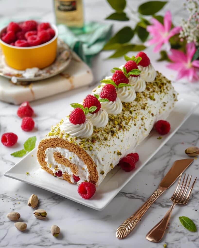 Pistachio Raspberry Swiss Roll Cake Recipe