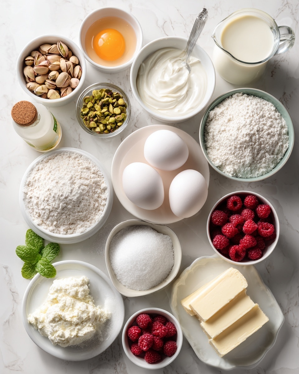 Top-down professional food photography, flat lay style, bright white marble countertop, neatly arranged, evenly spaced, tidy, clean organized layout, include: bowl of shelled pistachios, small plate of large eggs, bowl of white granulated sugar, small bottle of vanilla flavoring, bowl of all-purpose flour, small bowl of baking powder, small bowl of powdered sugar, bowl of fresh raspberries, small bowl of mashed raspberry puree, small plate of cream cheese blocks, tall glass measuring cup of heavy cream, small bowl of additional powdered sugar for frosting, small bowl of fresh mint leaves, no finished dish, no cooked food, no hands, no text, no watermark, no brand logos, bright soft natural lighting, sharp focus, high detail textures, realistic reflections, professional DSLR look, 4K --ar 4:5 --v 7