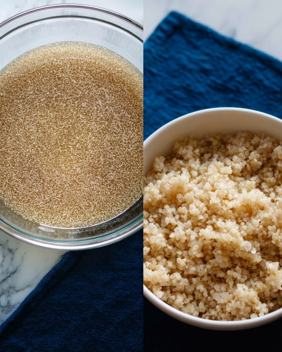 The image shows two side-by-side photos; the left photo features a clear glass bowl filled with small round beige grains soaking in water, seen from above with the water's shiny surface reflecting light. The right photo displays a white bowl placed on a dark blue cloth, filled with fluffy cooked grains that are light tan in color with a slightly soft and bumpy texture. The cooked grains fill the bowl nearly to the top, with some visible steam or moisture giving them a tender appearance. The background is a white marbled texture. photo taken with an iphone --ar 4:5 --v 7