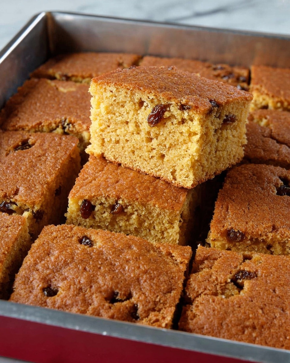 A square metal baking pan holds multiple pieces of brown cake with a crumbly texture and dark raisins visible inside. One piece is lifted and slightly raised above the others, showing a spongy, soft inside with small air holes and uneven crumb. The cake has a golden-brown crust on top, and the pan is on a white marbled surface. Photo taken with an iphone --ar 4:5 --v 7
