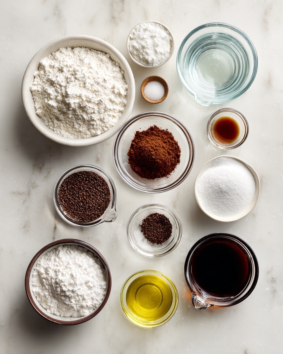 Top-down professional food photography, flat lay style, bright white marble countertop, neatly arranged, evenly spaced, tidy, clean organized layout, include: bowl of all purpose flour, small bowl of granulated sugar, small bowl of unsweetened cocoa powder, small bowl of baking soda, small bowl of salt, glass measuring cup of hot water, small glass cup of olive oil, small glass cup of white vinegar, small bowl of instant coffee granules, small glass cup of vanilla flavoring, bright soft natural lighting, sharp focus, high detail textures, realistic reflections, professional DSLR look, 4K, no finished dish, no cooked food, no hands, no text, no watermark, no brand logos --ar 4:5 --v 7