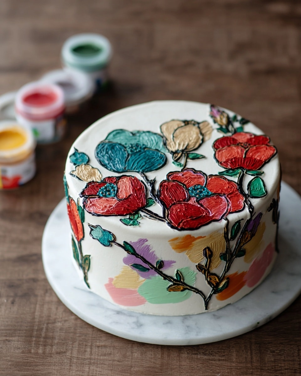 A round cake with smooth white frosting as the base layer sits on a white marbled surface. The top layer of the cake is decorated with vibrant, hand-painted flowers in shades of red, teal, beige, and purple, outlined in black for detail. Green stems and leaves connect the flower designs, adding a natural touch. Around the side of the cake near the base, there are small brushstroke-like patches of pastel colors including green, yellow, pink, and purple. In the background, small paint containers with various colors rest on the wooden texture, suggesting the painted design was done by hand. Photo taken with an iphone --ar 4:5 --v 7