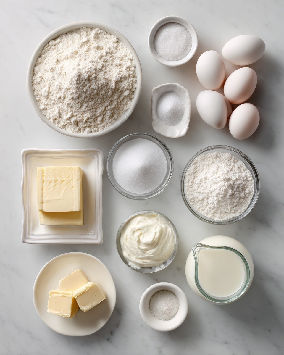 Top-down professional food photography, flat lay style, bright white marble countertop, neatly arranged, evenly spaced, tidy, clean organized layout. Include: bowl of cake flour, small bowl of baking powder, small bowl of salt, bowl of granulated sugar, bowl of confectioners' sugar, small plate of softened unsalted butter, small plate of large eggs, glass measuring cup of whole milk, bottle of vanilla essence, small glass cup of heavy cream. Bright soft natural lighting, sharp focus, high detail textures, realistic reflections, professional DSLR look, 4K, no finished dish, no cooked food, no hands, no text, no watermark, no brand logos --ar 4:5 --v 7