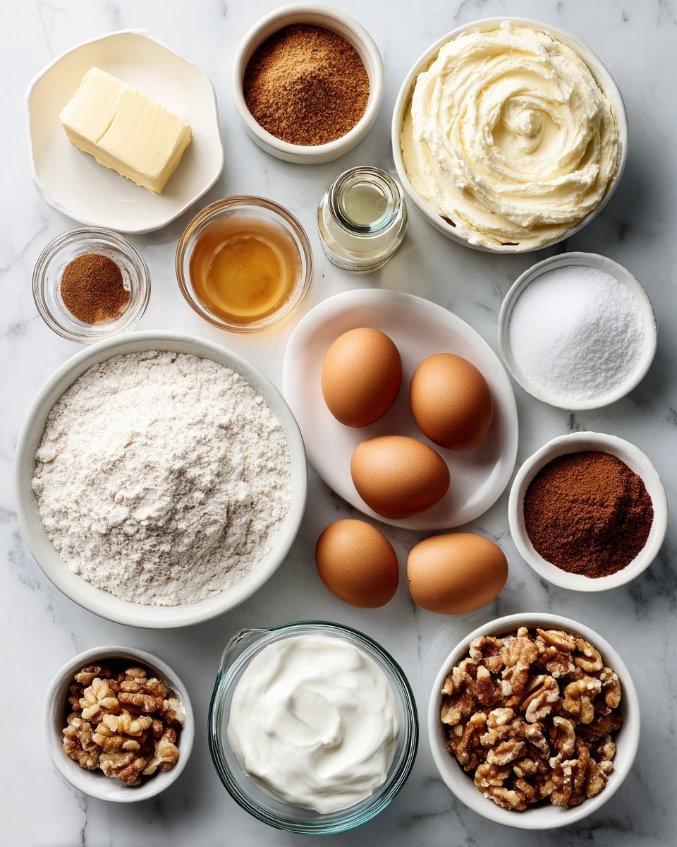 Top-down professional food photography, flat lay style, bright white marble countertop, neatly arranged, evenly spaced, tidy, clean organized layout. Include: small plate of softened butter, small bowl of granulated sugar, small bowl of brown sugar, small plate with four whole eggs, small glass bottle of vanilla flavoring, bowl of all-purpose flour, small bowl of baking soda, small bowl of salt, glass measuring cup of sour cream, small bowl of ground cinnamon, small bowl of chopped walnuts. Bright soft natural lighting, sharp focus, high detail textures, realistic reflections, professional DSLR look, 4K, no finished dish, no cooked food, no hands, no text, no watermark, no brand logos --ar 4:5 --v 7