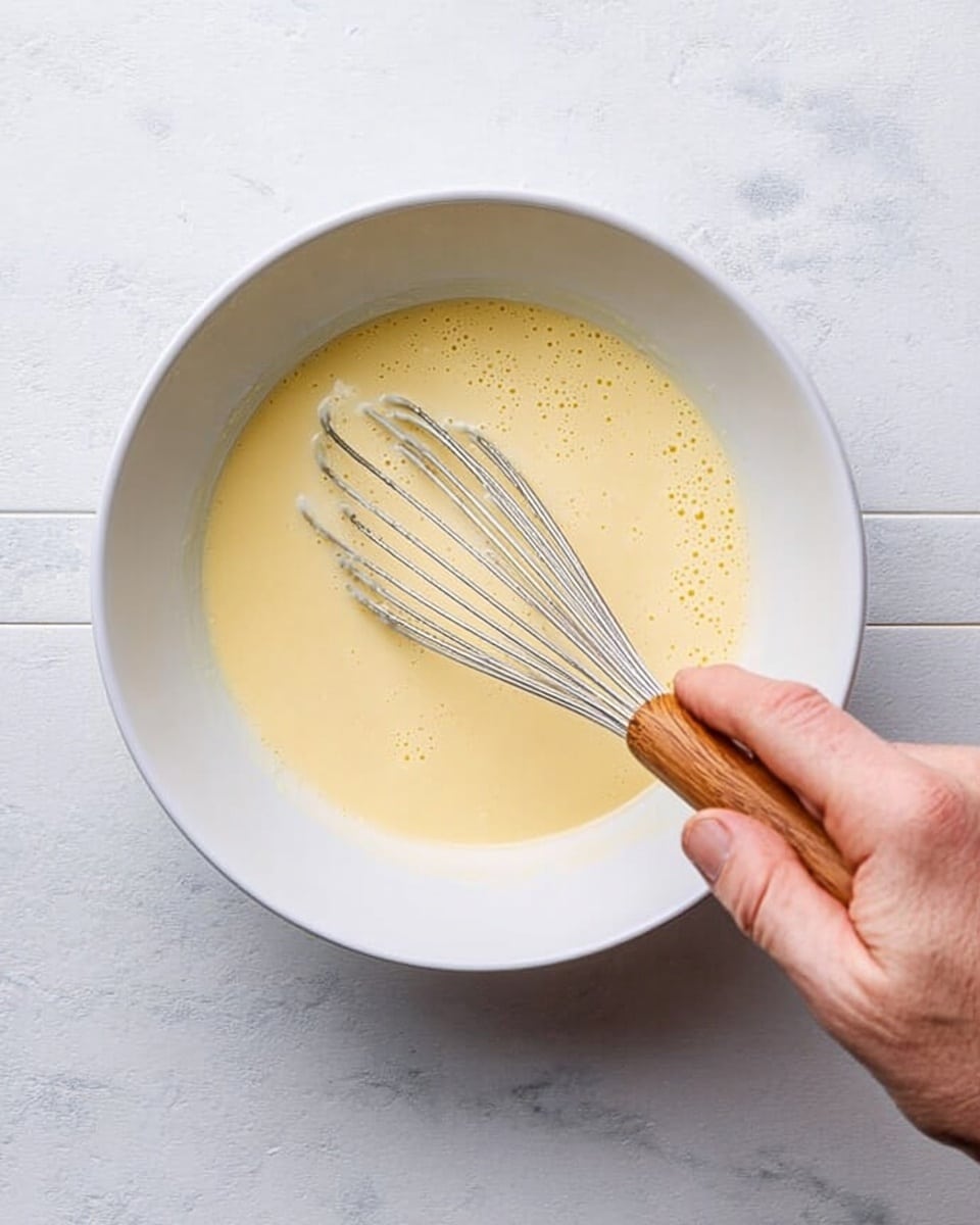 A close-up image shows a white bowl placed on a white marbled surface filled with a smooth, pale yellow liquid mixture. A woman's hand is holding a metal whisk with a wooden handle, stirring the liquid gently. The mixture has small bubbles forming on the surface, and the bowl is viewed from above, capturing the simple, clean scene. Photo taken with an iphone --ar 4:5 --v 7