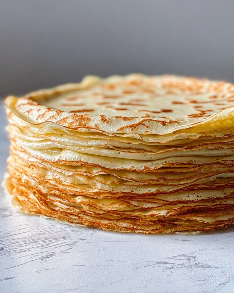 A tall stack of many thin crepe layers is shown on a white marbled surface. Each layer is light golden with scattered darker spots where the crepe is cooked more. The layers are slightly wavy, soft, and stacked evenly to form a round thick cake-like shape. The edges of the crepes are delicate and slightly curled. The background is light gray, and the photo looks close and clear. photo taken with an iphone --ar 4:5 --v 7