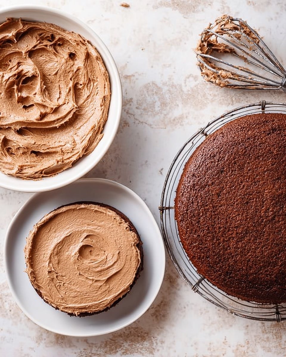 The image shows three main parts for making a chocolate cake arranged on a white marbled surface. On the left side, there is a white bowl filled with chocolate frosting, which looks thick and creamy with soft swirls. In the center, a white plate holds a chocolate cake layer that is partially covered with a smooth, even layer of the same chocolate frosting being spread on top. On the right side, a dark brown chocolate cake layer sits on a metal cooling rack, showing a dense texture. Above the frosting bowl, there is a vintage metal beater with some frosting stuck to it. The colors mainly include different shades of brown from the frosting and cake, contrasted by the white plate and bowl, with the white marbled background adding a clean and bright look. photo taken with an iphone --ar 4:5 --v 7