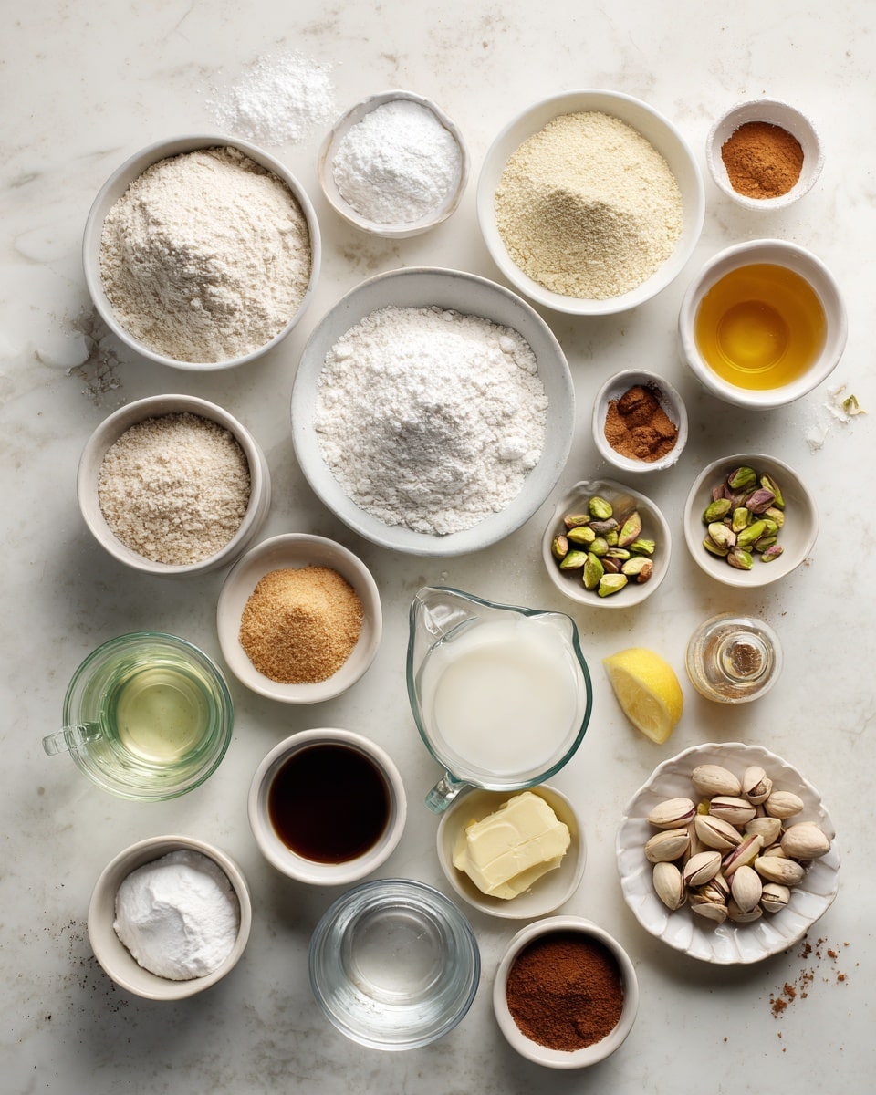 Top-down professional food photography, flat lay style, bright white marble countertop, neatly arranged, evenly spaced, tidy, clean organized layout, include: bowl of plain flour, small bowl of caster sugar, small bowl of light muscovado sugar, small bowl of icing sugar, bowl of ground cinnamon, small bowl of ground nutmeg, small bowl of baking powder, small bowl of baking soda, glass measuring cup of unsweetened oat milk, small glass cup of lemon juice, small glass cup of dissolved instant coffee in water, small plate with margarine, small plate with vegetable shortening, small bowl of whole pistachios, small bowl of chopped toasted pistachios, small glass bottle of vanilla essence, small glass cup of water, small glass cup of coffee, bright soft natural lighting, sharp focus, high detail textures, realistic reflections, professional DSLR look, 4K, no finished dish, no cooked food, no hands, no text, no watermark, no brand logos --ar 4:5 --v 7
