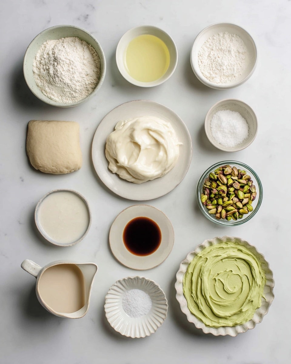 The image shows a top view of nine bowls and plates arranged in a neat grid on a white marbled surface. From the top left, there is a white bowl filled with a light flour mixture, next to a white bowl with a small amount of light yellow liquid, and a white bowl with white powder. In the middle row, there is a white plate holding a piece of dough on the left, a white bowl with thick creamy white batter in the center, a small white bowl with dark brown liquid, and a clear glass bowl full of green pistachios on the right. On the bottom row, there is a white spouted cup with beige liquid, a white bowl filled with white sugar, and a scalloped white bowl with green batter, spread in smooth swirls. Photo taken with an iphone --ar 4:5 --v 7