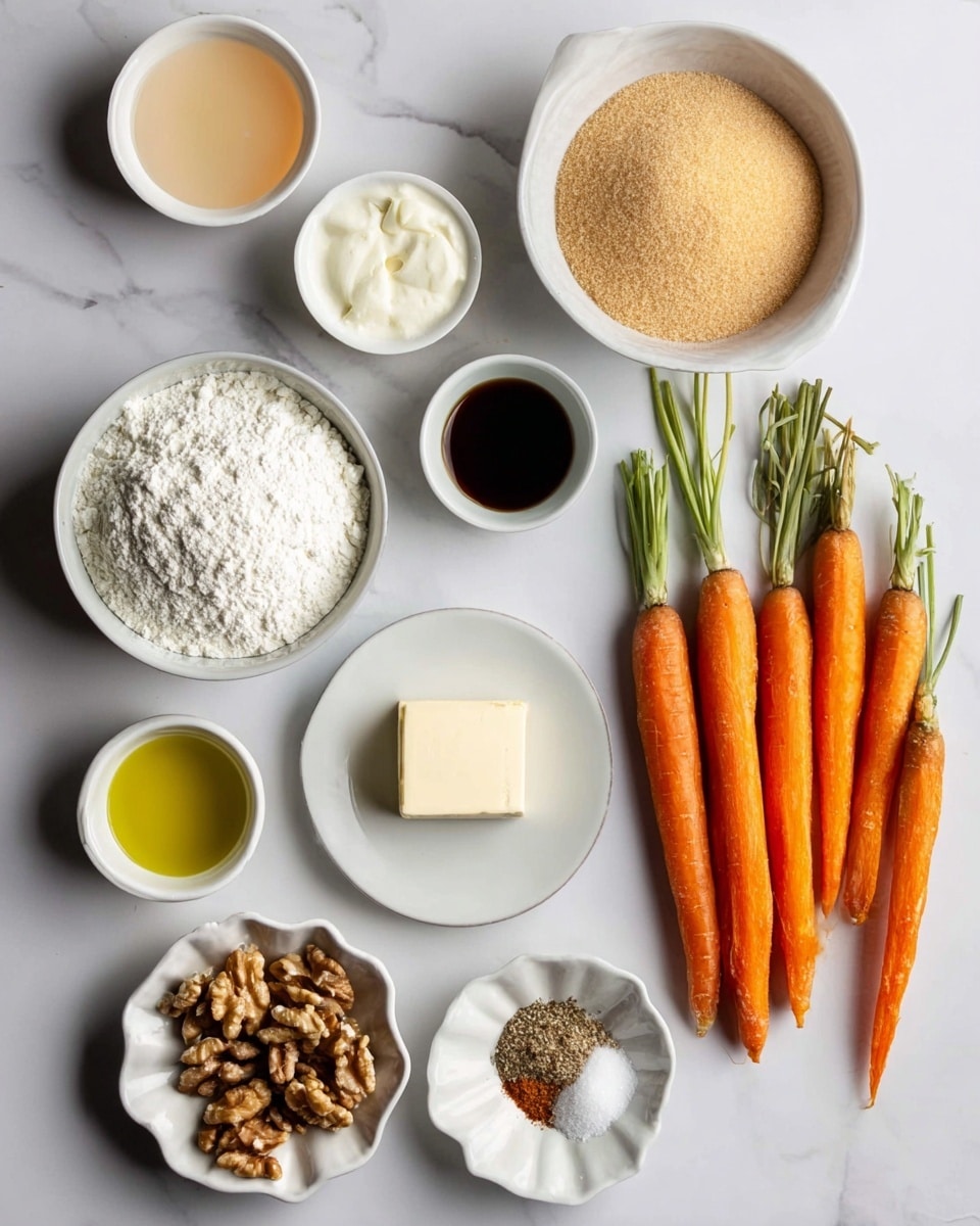 The image shows an overhead view of eleven small bowls and a few whole carrots arranged on a white marbled surface. Starting from the top left, there is a bowl with a pale liquid, next to it a bowl with creamy white sauce, then a white bowl filled with light brown sugar. Below this row, from left to right, there is a white bowl with white flour, a small dark bowl with dark liquid, and a clear bowl with olive oil. To the right of that is a cluster of five fresh orange carrots with green tops. Below them are a small white bowl of salt, a white square dish with a stick of butter, a white bowl full of shelled walnuts, a larger clear bowl with icing sugar, and a small white scalloped dish holding a mix of brown spices. Photo taken with an iphone --ar 4:5 --v 7
