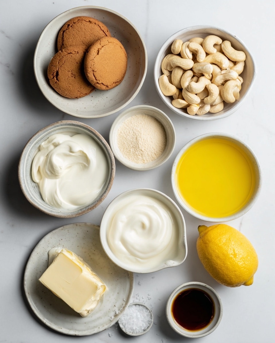The image shows a white marbled surface with nine white bowls and dishes arranged neatly. In the top left is a white bowl filled with four round brown biscuits. To its right is a white bowl full of whole cashew nuts, pale beige in color and smooth in texture. Next to it on the far right is a white bowl containing a shiny yellow liquid, likely melted butter, with a smooth surface. Below the cashews is a small white bowl with a light beige powder inside. Below the biscuits is a white creamy liquid in a small spouted bowl, smooth and glossy. In the center is a white bowl filled with thick white cream. At the bottom left is a small white plate with a piece of pale yellow butter, soft and slightly textured. Next to it on the bottom right is a small dark brown pool of liquid in a white bowl, probably vanilla extract. A bright yellow lemon sits next to a small white bowl filled with white salt crystals on the right side, completing the arrangement. The photo is taken with an iphone --ar 4:5 --v 7