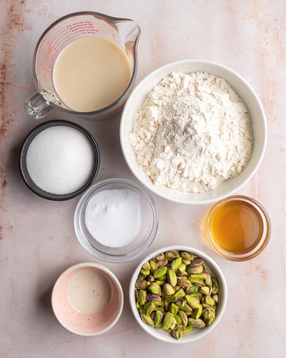 The image shows seven containers arranged on a white marbled surface. At the top center is a transparent measuring cup filled with a light beige liquid. Below and to the right is a white bowl filled with a heap of white flour. At the top left is a small black bowl containing white powder. Below it, in the middle left, is a clear glass bowl filled with white granular sugar. To the bottom left is a small light pink bowl with a small amount of a light brown liquid. Next to it, in the bottom center, is a white bowl filled with green pistachios. At the bottom right is a small clear container holding a golden brown liquid. The layout is neat, with each ingredient clearly visible. photo taken with an iphone --ar 4:5 --v 7