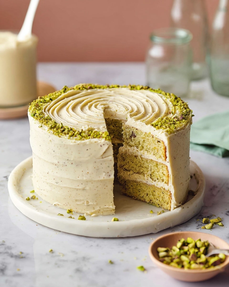 The image shows a round cake with three layers on a white plate, sitting on a white marbled surface. The cake is frosted smoothly with a creamy light beige icing that has tiny specks of darker color throughout. The top is decorated with concentric circular ridges of frosting and a sprinkling of crushed green pistachios around the edge. One slice of the cake is lifted, revealing the three moist yellowish layers with small green specks inside, separated by a thick layer of the same light beige frosting. In the background, there are blurred glass bottles and a jar, with a small bowl of crushed pistachios in the foreground. Photo taken with an iphone --ar 4:5 --v 7