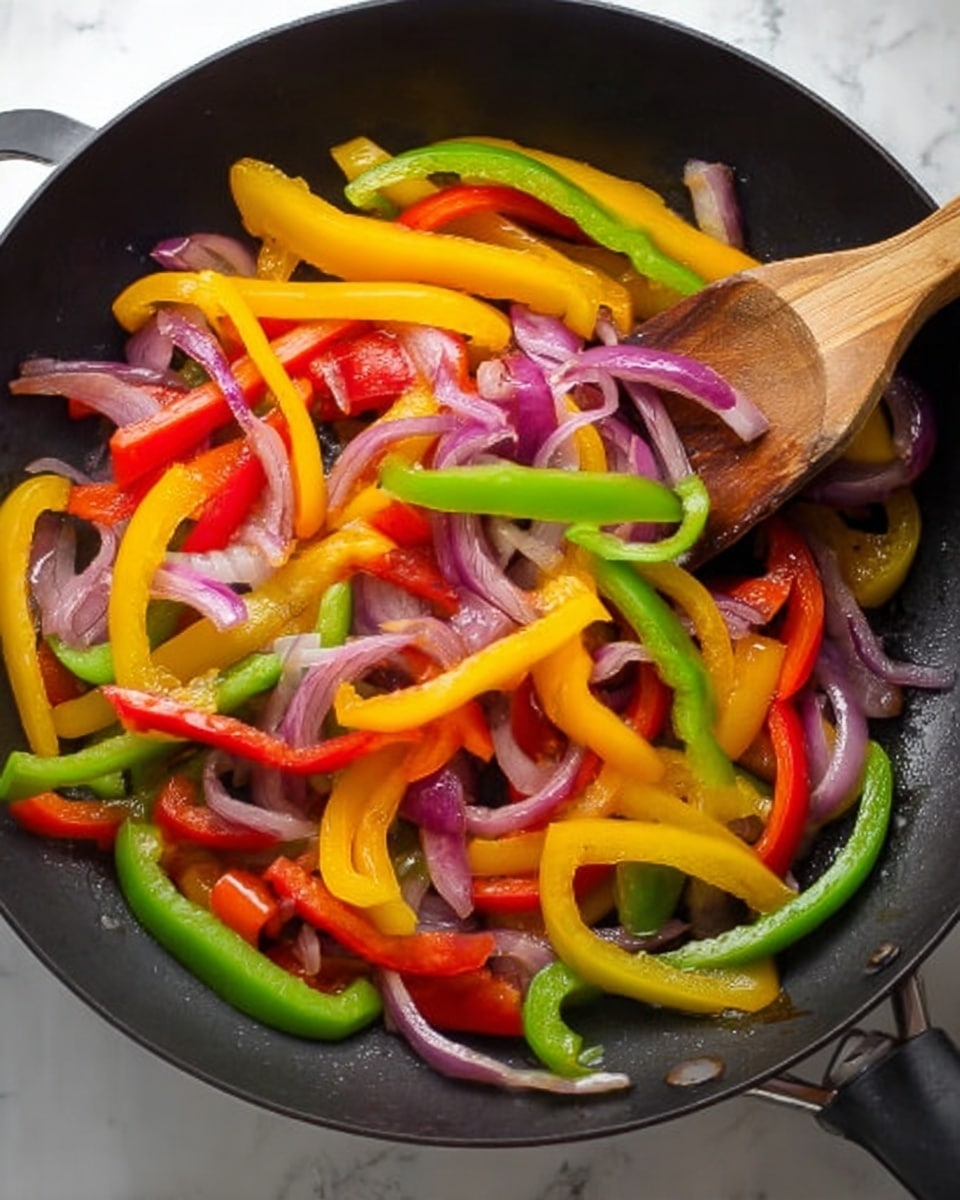 A black frying pan filled with colorful sliced vegetables including long strips of red, yellow, and green bell peppers scattered evenly across the pan. Thin slices of purple onion are mixed throughout, adding contrast with their soft texture. A wooden spoon with a slightly glossy finish rests inside the pan, positioned on the top right side, lightly touching the vegetables. The background shows a white marbled surface around the pan. photo taken with an iphone --ar 4:5 --v 7