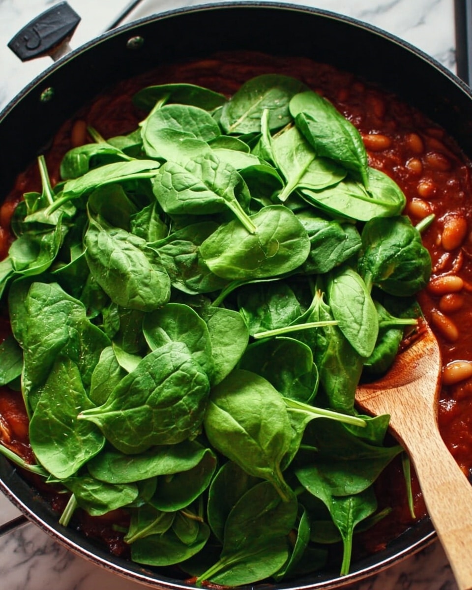 A black pan filled with thick dark red sauce containing visible small white beans and sliced orange carrots forms the base layer. On top of this, a large pile of fresh, bright green spinach leaves covers the pan, some leaves overlapping others with a slightly waxy texture. A wooden spoon with a light brown handle is partially submerged in the sauce, resting on the right side of the pan. The background shows a white marbled surface. Photo taken with an iphone --ar 4:5 --v 7