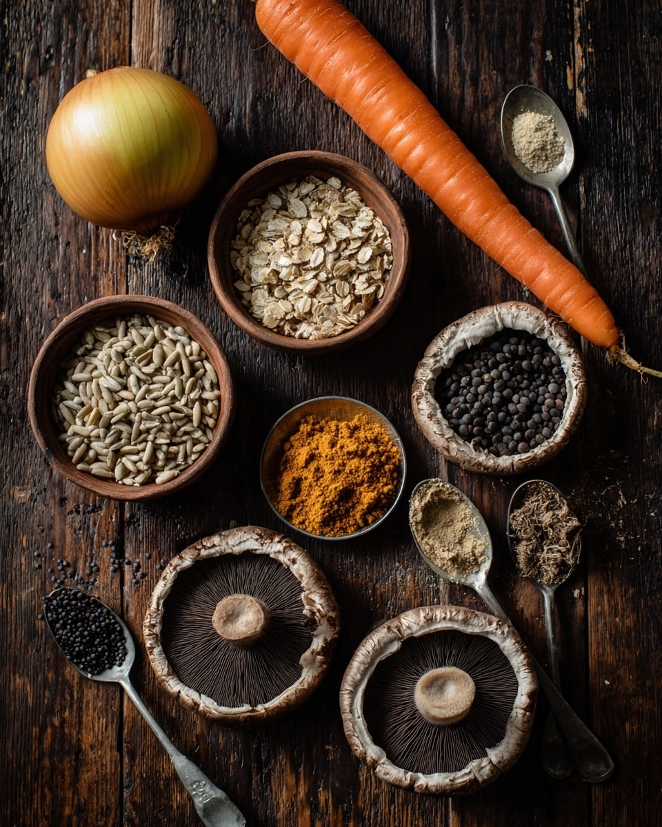 The image shows an arrangement of raw cooking ingredients on a dark wooden surface. There is one whole orange carrot placed horizontally on the upper right side and a whole yellow onion on the left side. Three small brown ceramic bowls hold different ingredients: one with sunflower seeds at the top left, another with coarse oats or barley in the center, and a third with small dark brown lentils at the bottom left. On the right side, two metal spoons rest on the surface, each filled with finely ground spices—one dark brown and the other light brown. Two large open portobello mushrooms with their dark gills facing up are positioned at the bottom right. The setting is simple with natural lighting highlighting the colors and textures clearly. Photo taken with an iphone --ar 4:5 --v 7