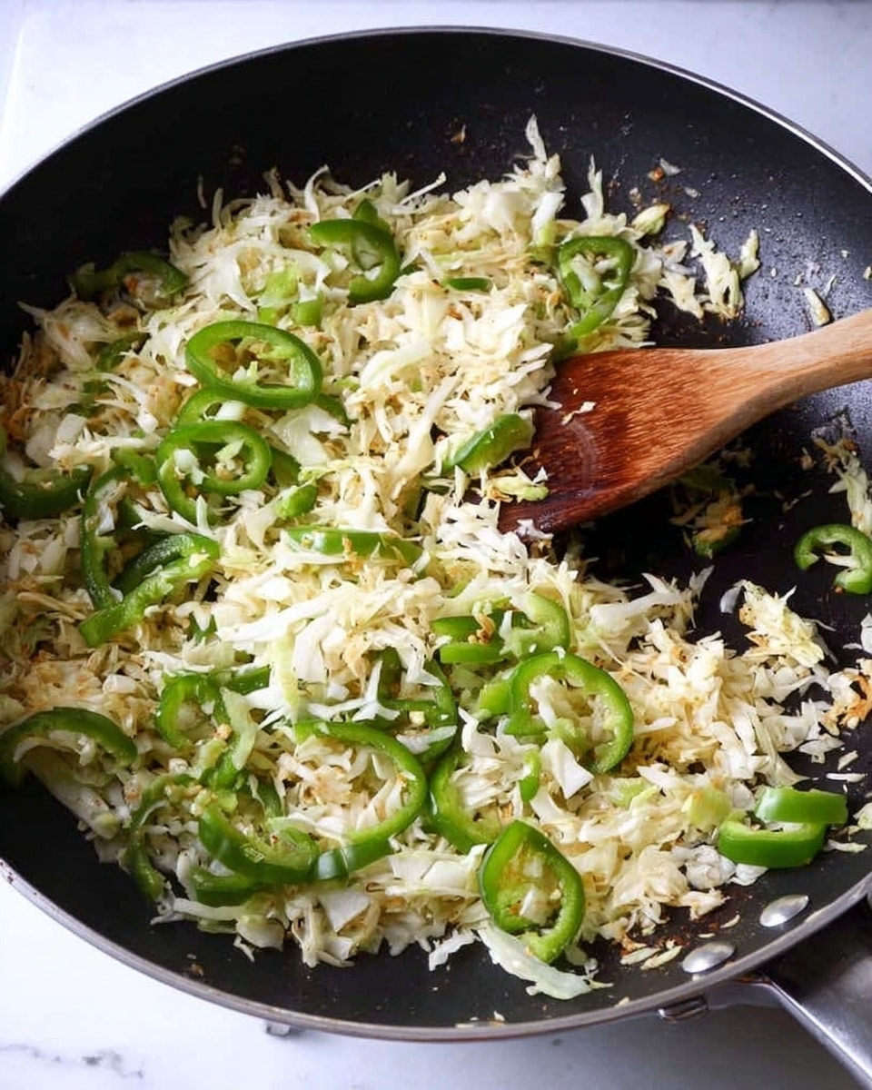 A large black frying pan filled with a mix of shredded white cabbage and sliced green bell peppers being gently stirred with a wooden spatula resting inside the pan. The cabbage shows light browning while the green bell peppers add fresh green color, scattered evenly throughout the pan with a slightly glossy texture. The background features a white marbled surface. photo taken with an iphone --ar 4:5 --v 7