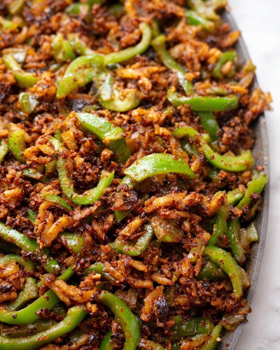 This image shows a close-up of a cooked dish made of many thin, small pieces of light brown and dark brown textured food mixed with thin slices of green bell pepper, giving a mix of soft and slightly crispy looks. The green bell pepper slices are scattered evenly, curving and slightly shiny, contrasting with the darker, crumbled base, which looks well cooked and has a nice reddish tint from the spices. The dish has a warm look with layers blending well, and it sits on a white marbled surface. Photo taken with an iphone --ar 4:5 --v 7