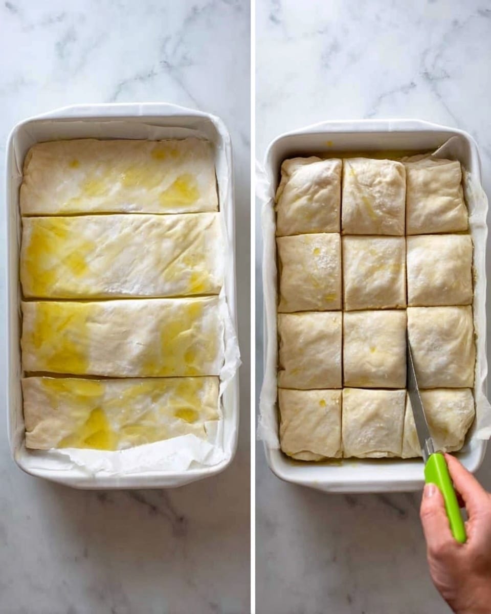 The image shows two scenes side by side on a white marbled background. On the left, there are multiple thin, flat sheets of dough stacked unevenly, with some areas brushed with a shiny, yellowish oil. On the right, these layered sheets are placed in a rectangular white baking pan. The dough is folded at the edges and has been cut into nine square pieces with a green-handled knife held by a woman's hand. The dough is a pale beige color with a slightly wrinkled texture and shiny oily spots on top, ready for baking. Photo taken with an iphone --ar 4:5 --v 7