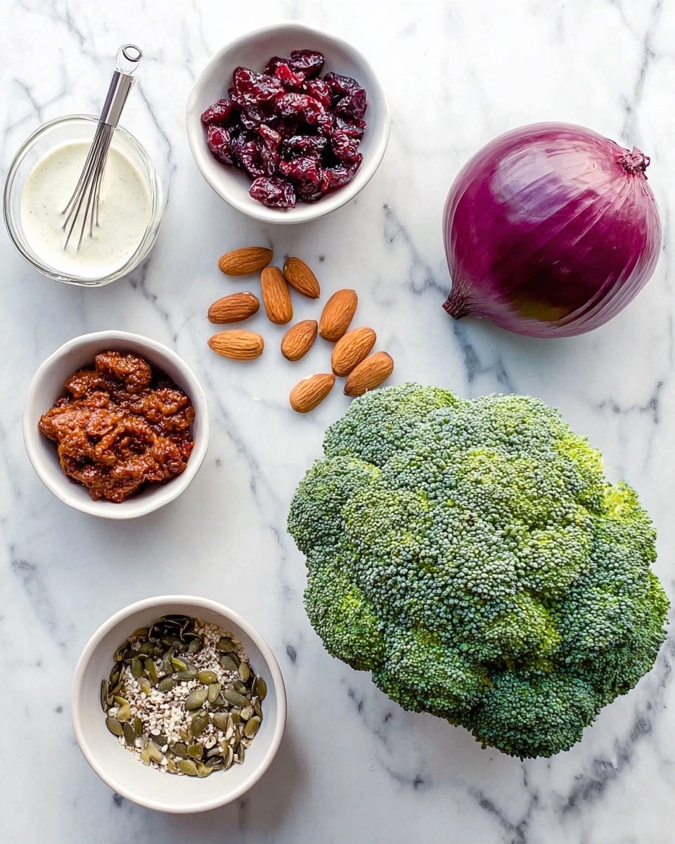 The image shows a white marbled surface with a large fresh green broccoli head placed on the right side and a small purple onion next to it. There are five small white bowls arranged in a loose circle around the broccoli and onion. Starting from the top and moving clockwise, the first bowl contains chopped dried cranberries, the second bowl holds a sun-dried tomato paste with visible chunks, the third bowl is filled with whole almonds, the fourth bowl has a mixture of seeds including sunflower and pumpkin seeds, and the last bowl has a creamy white sauce with a small whisk resting in it. Photo taken with an iphone --ar 4:5 --v 7