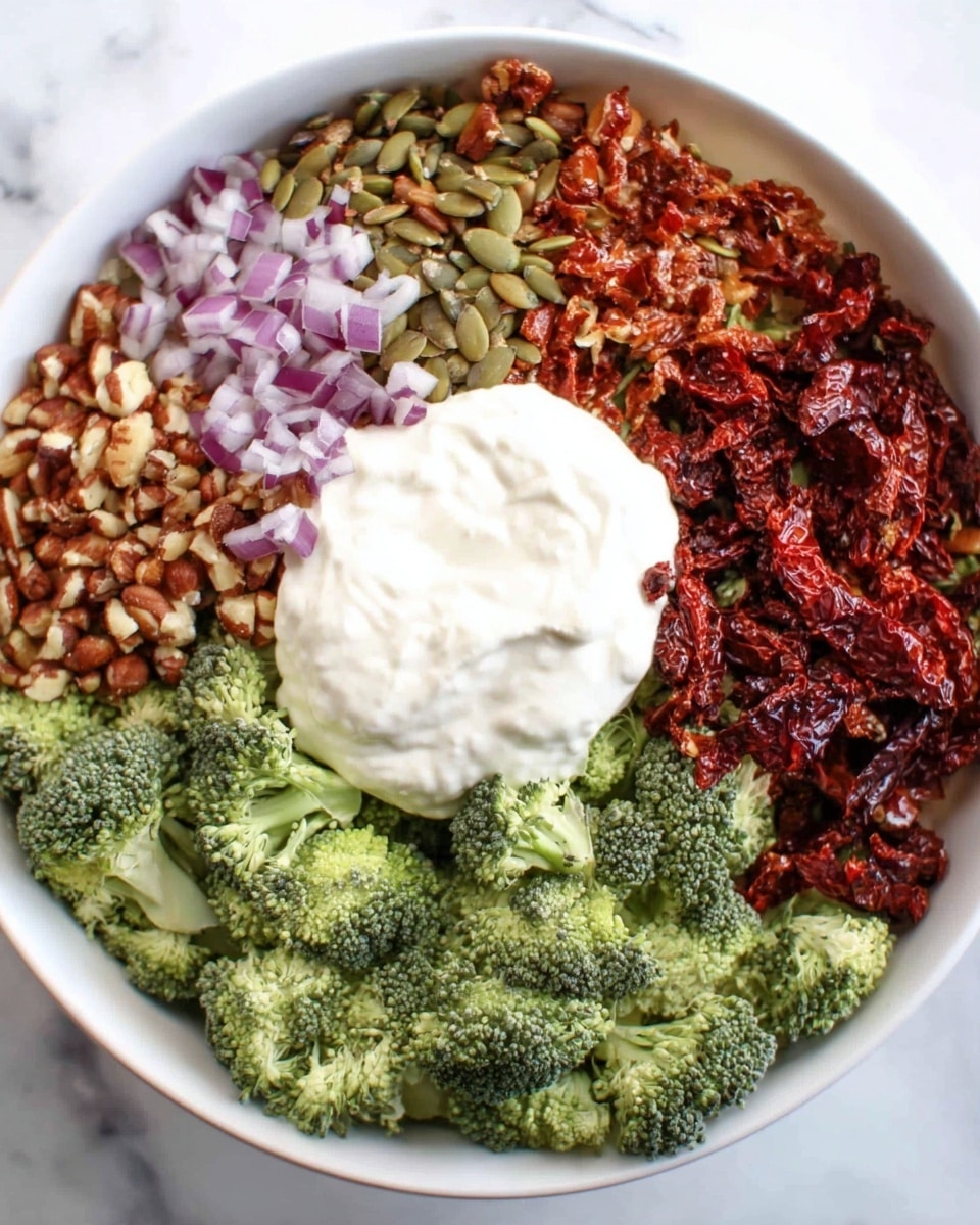 The image shows a white bowl filled with a colorful salad, divided into clear sections. At the bottom, there is a layer of green broccoli pieces covering around half of the bowl. On the left side, there are small purple chopped onions. The top left section contains a mix of nuts and seeds in various brown and beige shades. The right side has two parts with dried red sun-dried tomatoes and more dark red dried tomatoes, both with a rough texture. In the middle of the bowl, there is a thick, smooth, white creamy dressing placed on top of the ingredients. The bowl is set on a white marbled surface. photo taken with an iphone --ar 4:5 --v 7