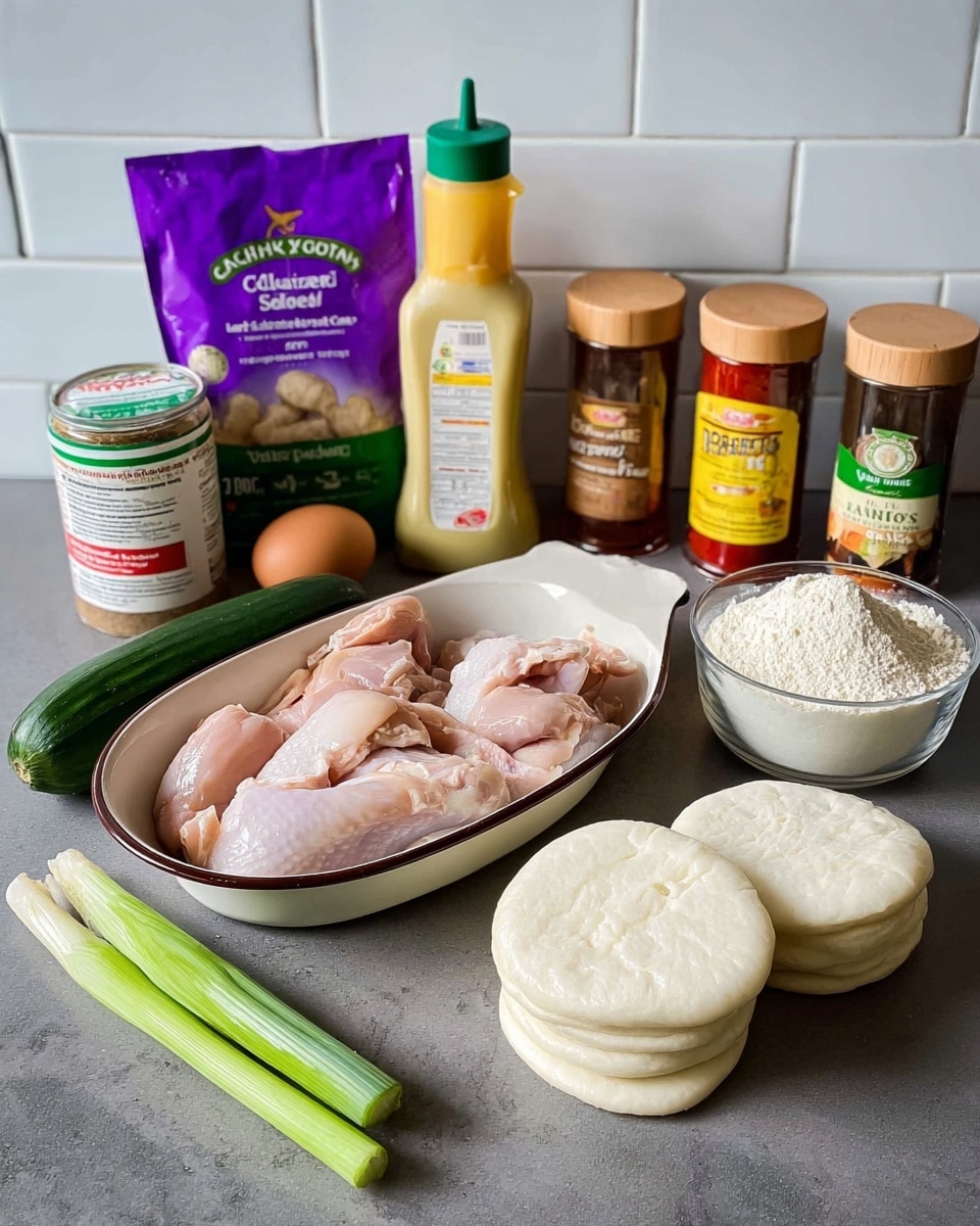 The image shows raw chicken pieces placed in a white oval dish with a dark rim, positioned centrally on a gray surface with a white marbled texture added. To the right, there are two stacks of white round rice buns with a soft texture. Behind the chicken, there is a purple bag of classic ranchslaw, along with three small wooden spice jars labeled Ginger, Garlic Powder, and Five Spice. In front of these, there are three bottles: a green soy sauce bottle, a yellow squeeze bottle of mayonnaise, and an orange bottle of sriracha. On the left side of the dish, a half cucumber, one brown egg, and a green spring onion lay horizontally. A container of cornflour and a jar of hoisin sauce with red lids are positioned on the far left. The whole setup is against a white tiled wall backdrop. photo taken with an iphone --ar 4:5 --v 7