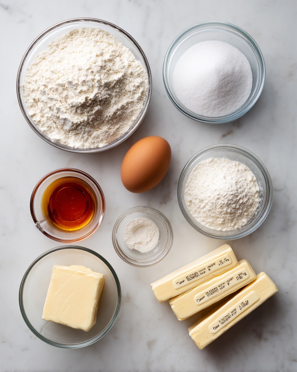 A clear glass bowl filled with white flour is placed at the top left, with a small clear bowl of white sugar to its right. Below the flour bowl is a single brown egg in a small clear bowl, next to a small bowl with amber-colored vanilla extract. To the right of these is a tiny clear bowl with white powder, and next to it, a small bowl with a similar white powder, likely baking soda and baking powder. On the far right side, two sticks of butter wrapped in paper with printed measurements rest parallel to each other. All items are set on a white marbled surface. photo taken with an iphone --ar 4:5 --v 7