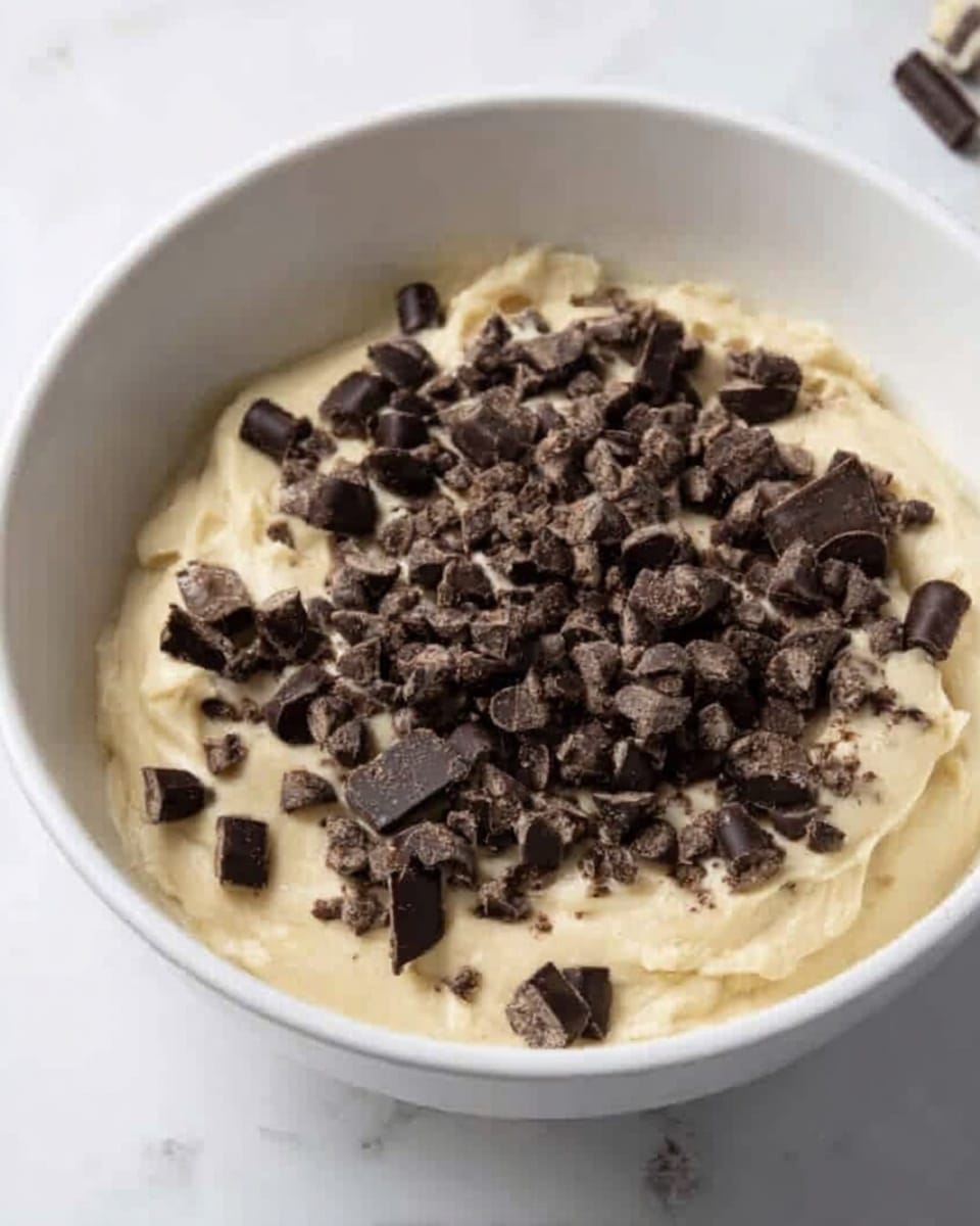 A close-up image of a white bowl filled with a creamy light beige dough base. On top of the dough, there is a thick layer of dark brown chocolate chips and small chunks scattered evenly. The texture of the dough looks smooth and soft, while the chocolates have a glossy, solid appearance. The bowl is placed on a white marbled surface. Photo taken with an iphone --ar 4:5 --v 7