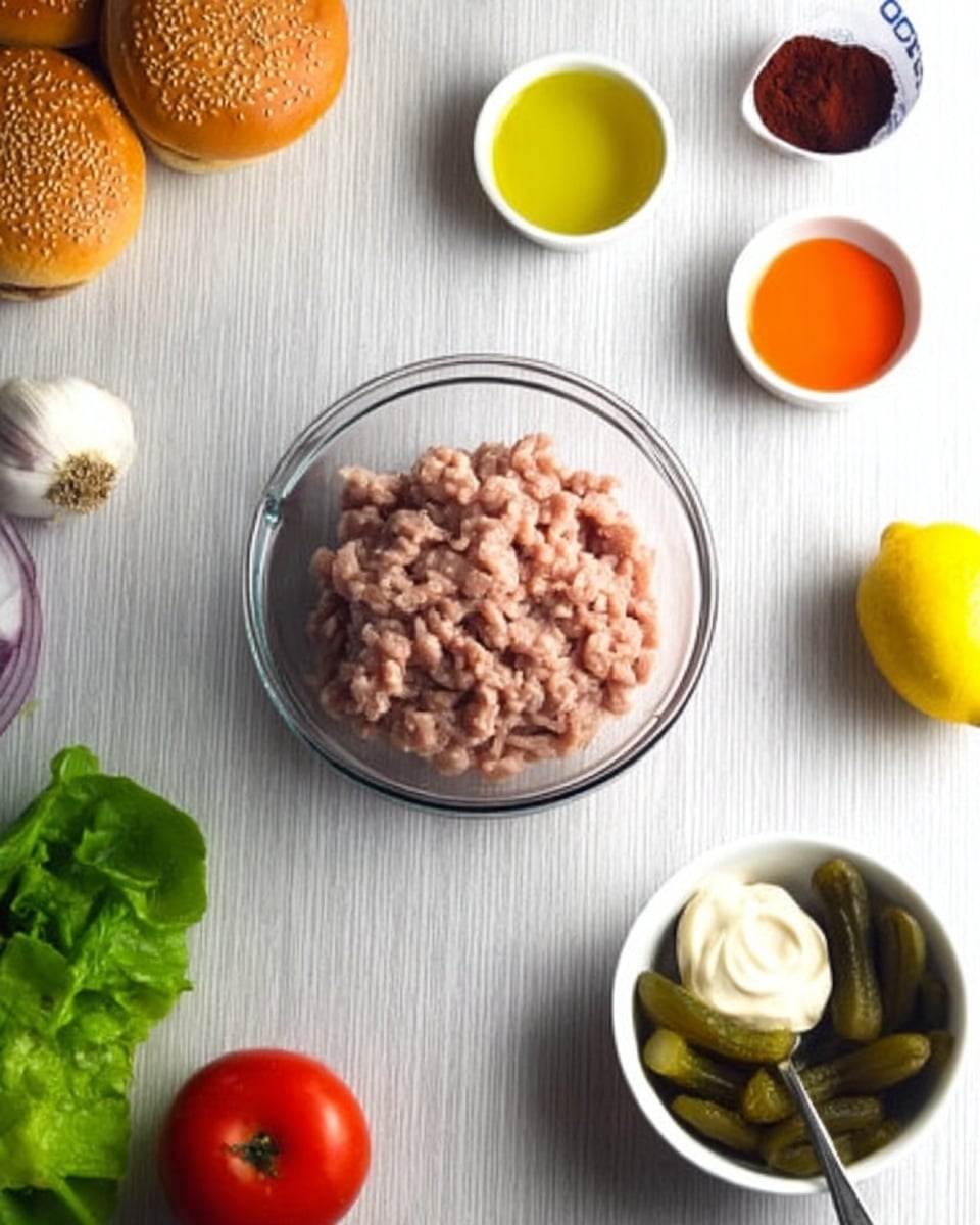 A clear round bowl in the center contains light pink ground meat with a soft texture. Around it on a white marbled surface are several small white bowls with different contents: one with a pale yellow olive oil, another with a bright orange sauce, and one holding a mix of red and white powders along with a pinch of salt. A white bowl contains creamy pale mayonnaise. Nearby are sliced green pickles in a white bowl with a spoon. Fresh vegetables include a bright red tomato, crisp green lettuce leaves, and light purple rings of raw onion. A whole yellow lemon is placed near the main bowl. Two white sesame seed burger buns are positioned on the left side. A whole garlic bulb is visible near the top left. photo taken with an iphone --ar 4:5 --v 7