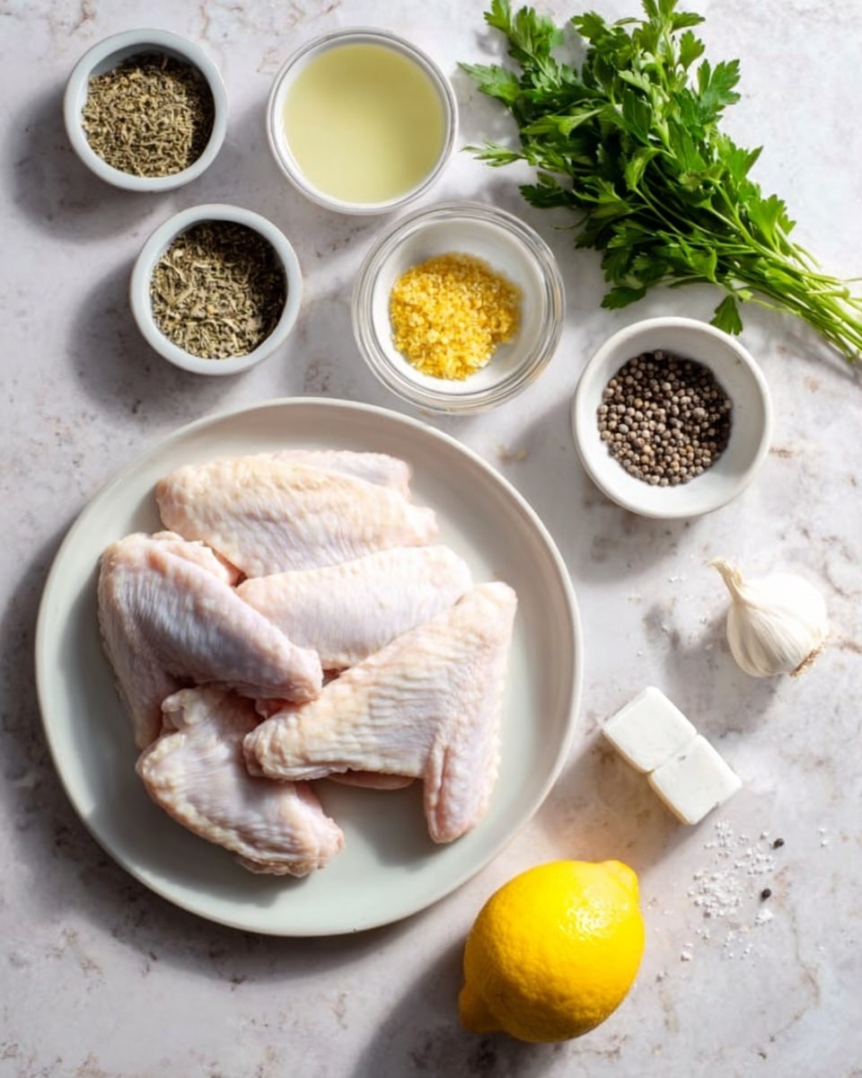 The image shows a white plate at the bottom center with five raw chicken wings arranged in a loose pile, their pale pink skin smooth and slightly shiny. Around the plate on a white marbled surface are several small white bowls and items: on the left, a bowl with a mix of dried herbs and spices, on the upper left corner a bunch of fresh green parsley and two garlic cloves, near the top middle a small glass bowl with finely grated yellow ginger. To the upper right side, there is a square white bowl with coarse black pepper and a white bowl with a pale yellow liquid, possibly oil. Just below these bowls is a halved bright yellow lemon resting on the surface. On the right side near the lemon, there is a small white wrapped cube, likely salt. The lighting is soft and natural, making the colors fresh and clear, photo taken with an iphone --ar 4:5 --v 7