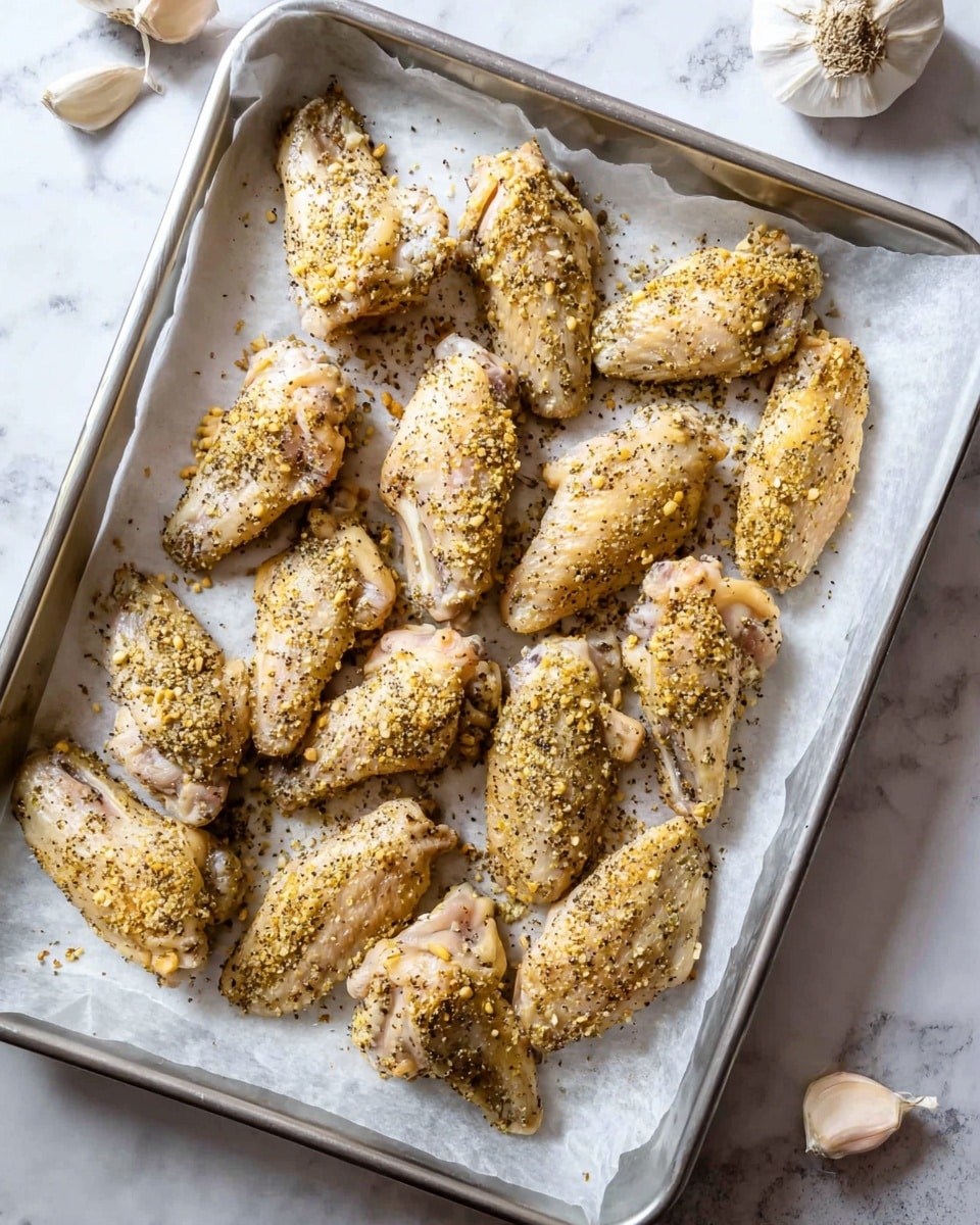 A metal tray lined with white parchment paper holds around twelve raw chicken wings spread in three rows. Each wing is coated with a light layer of seasoning that looks like a mix of black pepper, ground spices, and small garlic pieces, giving a textured yellowish-brown and black speckled look. The tray sits on a white marbled surface, with three garlic cloves placed casually nearby, adding to the kitchen setting. Photo taken with an iphone --ar 4:5 --v 7