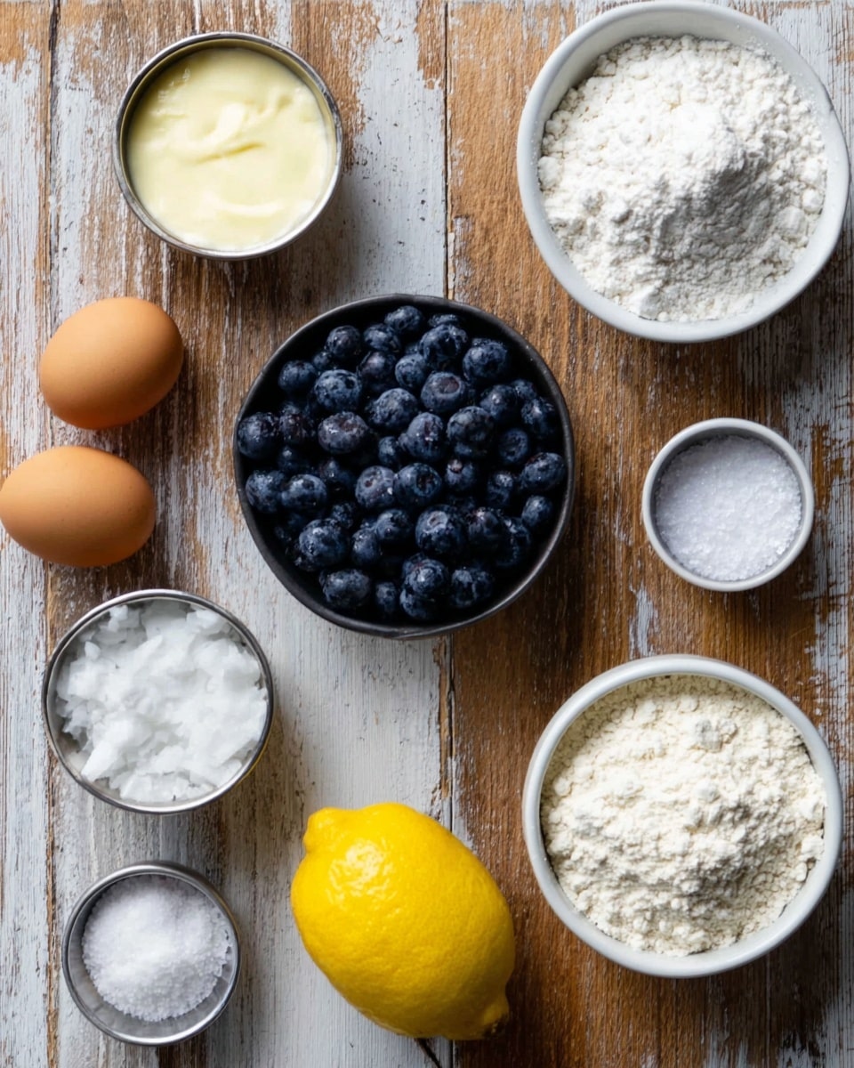 The image shows nine small bowls and loose ingredients arranged on a wooden surface. In the middle, there is a small black bowl full of fresh blueberries, dark blue and round. Surrounding it are various ingredients: on the top right is a pile of white flour in a white bowl, top left a small white bowl with cream, and on the left side there are two brown eggs placed directly on the wooden surface. At the bottom left, a silver bowl holds white solid coconut oil, while next to it on the right is a small white bowl with white sugar. On the far right bottom corner is another white bowl filled with light beige flour. A bright yellow lemon sits on the wooden surface near the top right. Also, a small white bowl with salt is seen near the top left. The background is a white marbled texture. photo taken with an iphone --ar 4:5 --v 7