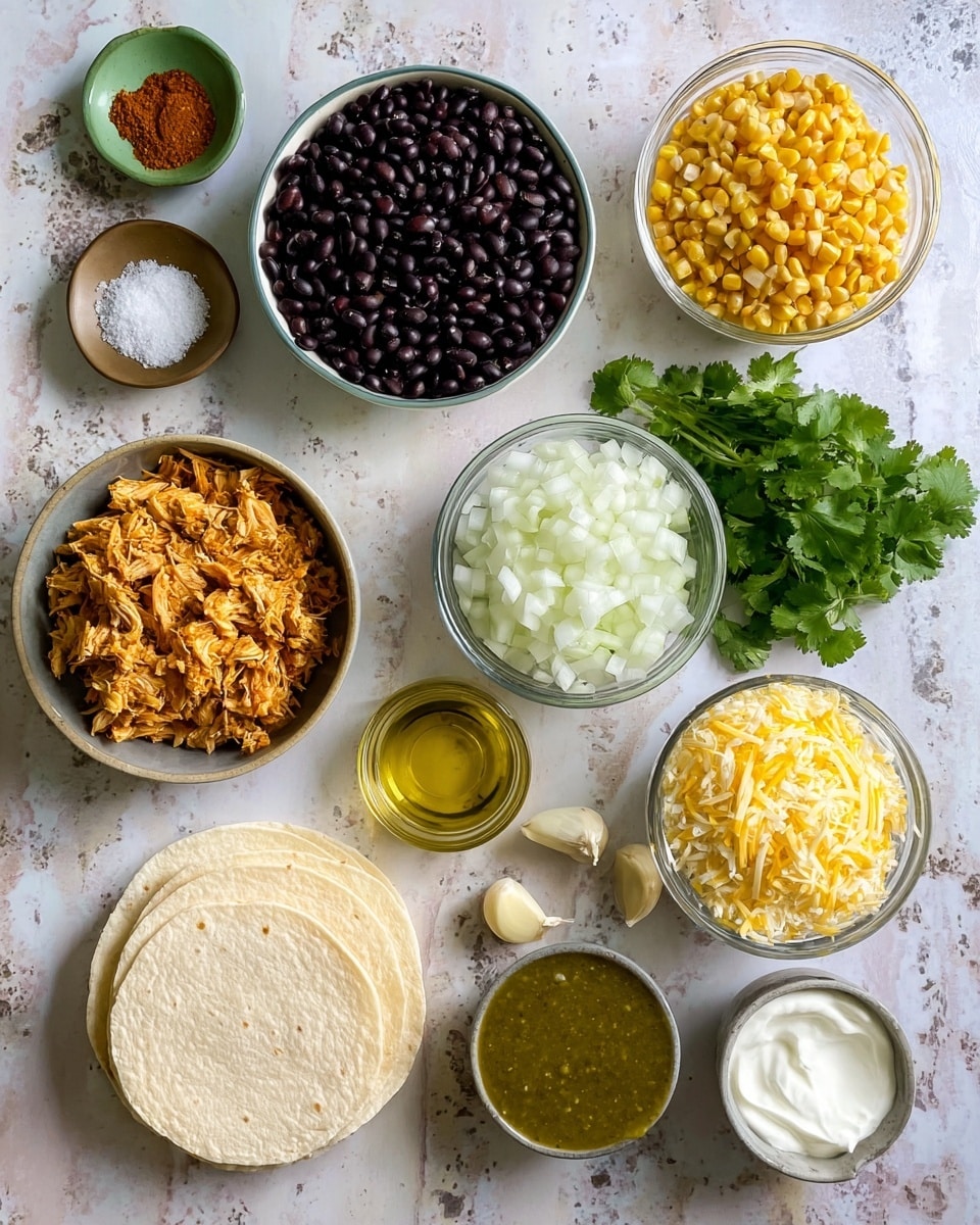The image shows a flat lay of ingredients arranged on a white marbled surface. There are nine groups of items: a bowl with shredded orange chicken at the bottom left, a bowl of corn kernels to its right, and a clear bowl filled with black beans next to the corn. Above the chicken, there's a bowl with a green sauce, to the right of it a small bowl with white diced onions, topped by fresh green cilantro leaves. To the right of the onions, there is a bowl with shredded yellow and white cheese. Below the cheese, a stack of white corn tortillas is placed. Next to the tortillas, a metal bowl holds white sour cream. At the top right, there is a small bowl with olive oil and three garlic cloves beside it. A small green bowl with chili powder and salt is placed near the top left corner. photo taken with an iphone --ar 4:5 --v 7