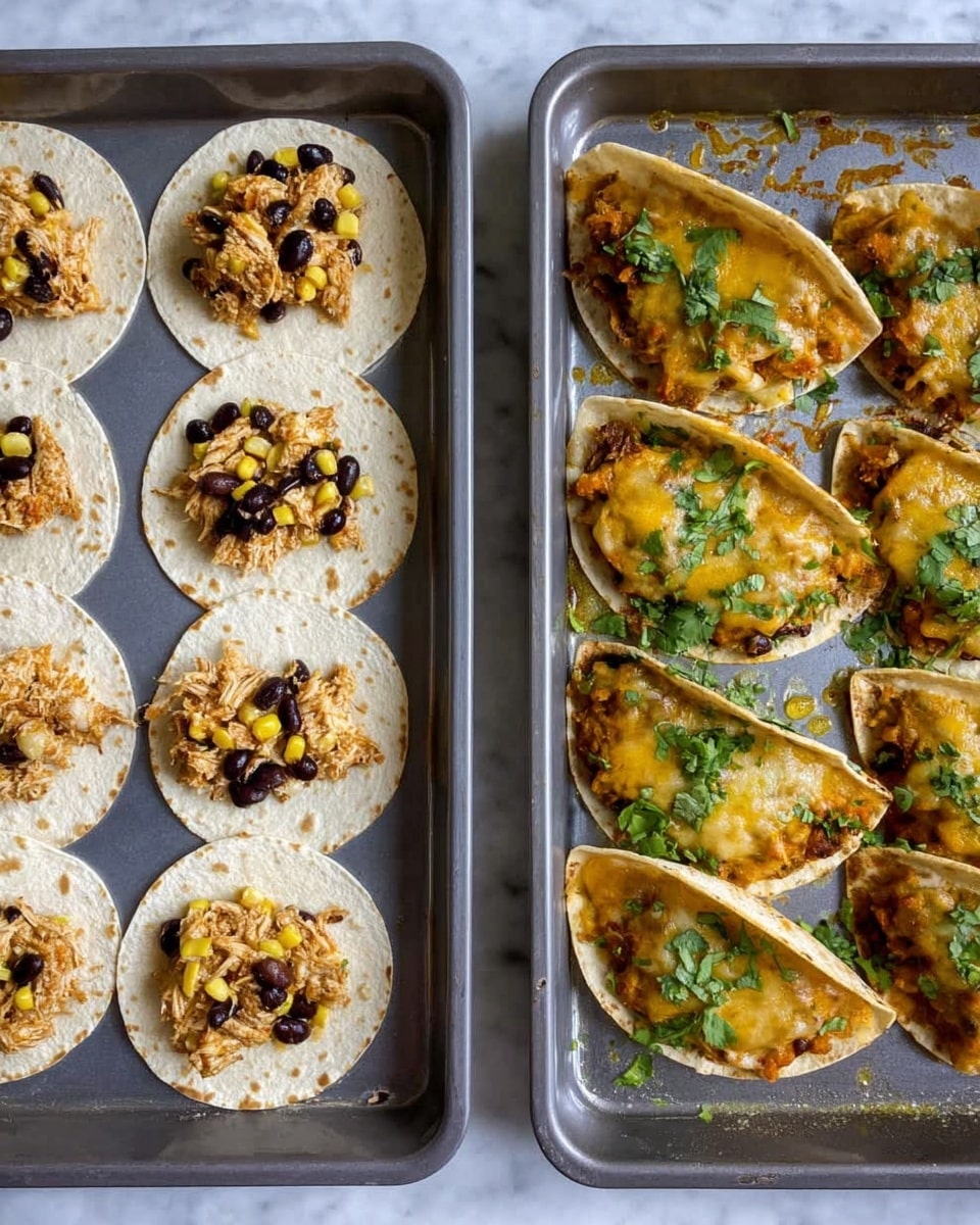 The image shows two baking trays with small, round white tortilla wraps on a white marbled texture. The left tray has raw tortillas with a mix of shredded chicken, black beans, and corn placed neatly on one side. The right tray shows cooked, folded half-moon shaped tortillas, golden brown and crispy around the edges, topped with melted yellow and white cheese and sprinkled with fresh green cilantro leaves. The surface of the trays has some scattered bits of filling and cheese. photo taken with an iphone --ar 4:5 --v 7