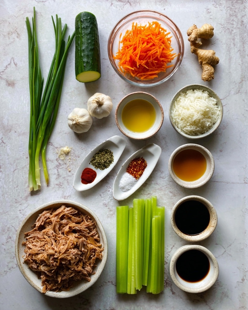 The image shows a white marbled surface with neatly arranged ingredients, including a small glass bowl of shredded orange carrot, a peeled cucumber, a whole garlic bulb, a small piece of ginger, green scallions on the left, a bowl of cooked shredded meat at the bottom center, fresh celery stalks, and a small scoop of white rice. Around these main ingredients, there are small white bowls and spoons holding various dry and liquid ingredients such as coarse salt, red chili flakes, soy sauce, a light yellow liquid, a dark sauce, and honey. The items are laid out clearly showing different colors and textures, creating a neat and organized look. photo taken with an iphone --ar 4:5 --v 7