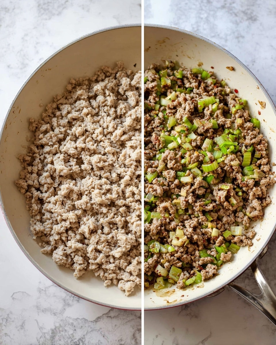 The image shows two side-by-side views of a large white pan on a white marbled surface. On the left side, the pan contains a single layer of light beige cooked ground meat, spread evenly with a slightly crumbly texture. On the right side, the pan has a thicker layer of cooked ground meat mixed with chopped green vegetables, likely celery, showing small crisp green pieces scattered throughout, and some bits of light brown seasoning or garlic mixed in. The textures look cooked and slightly browned in parts. Photo taken with an iphone --ar 4:5 --v 7