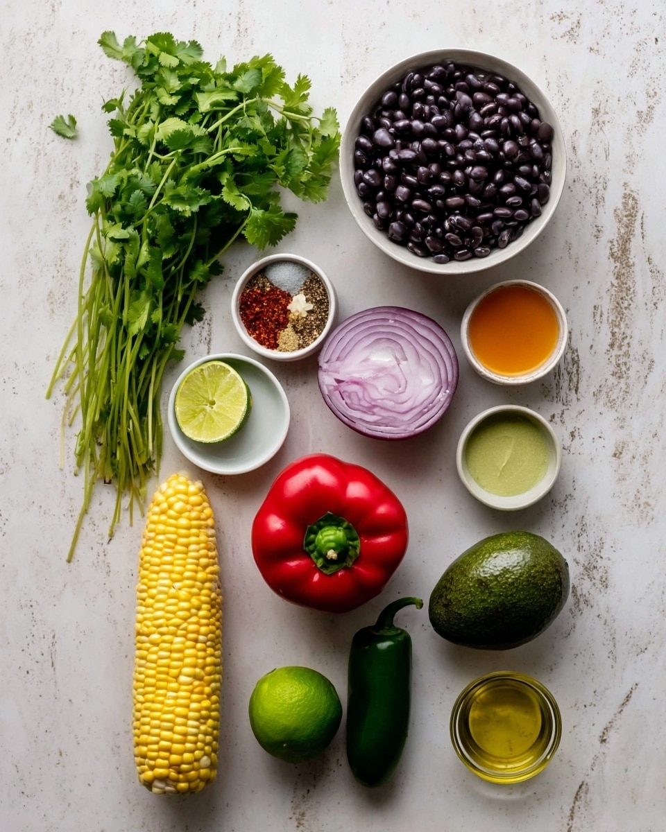 The image shows an assortment of fresh ingredients arranged neatly on a white marbled surface. At the top left is a bunch of green cilantro with long stems. Next to it, slightly to the right, is a white bowl filled with shiny black beans. Below the cilantro, there is a small clear container with orange-colored sauce and next to that a whole green lime. In the center is a small white bowl with mixed spices showing red, white, and brown tones, placed above half a sliced red onion with visible layers. To the right is a whole bright red bell pepper with a smooth texture. At the bottom left is a fresh yellow corn cob, beside it a green jalapeno pepper with smooth skin, and next to that a whole dark green avocado. In the middle bottom is a small clear container with a greenish sauce, and to the right of that, another small clear container holds a yellowish oil. Everything is placed on a white marbled surface, creating a clean and fresh look. photo taken with an iphone --ar 4:5 --v 7