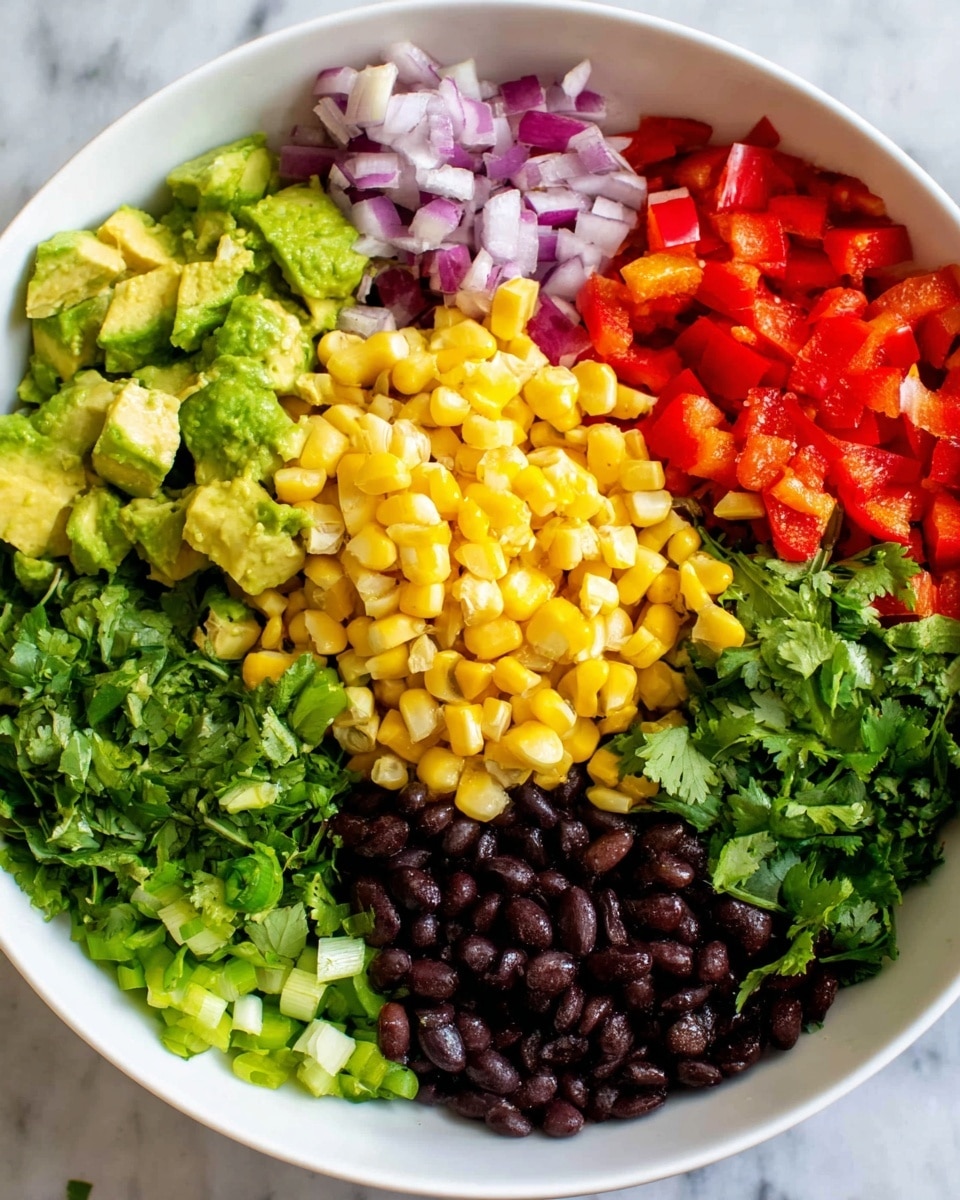 A white bowl filled with many colorful layers of fresh ingredients, arranged separately. On the top left, there is chopped avocado with a soft green color, next to that chopped red onion and bright red bell peppers. In the center, there is a pile of yellow corn kernels. Below the corn on the right side, there are shiny black beans. The bottom left side shows fresh green cilantro leaves and small chopped green pieces. The background is a white marbled surface. photo taken with an iphone --ar 4:5 --v 7