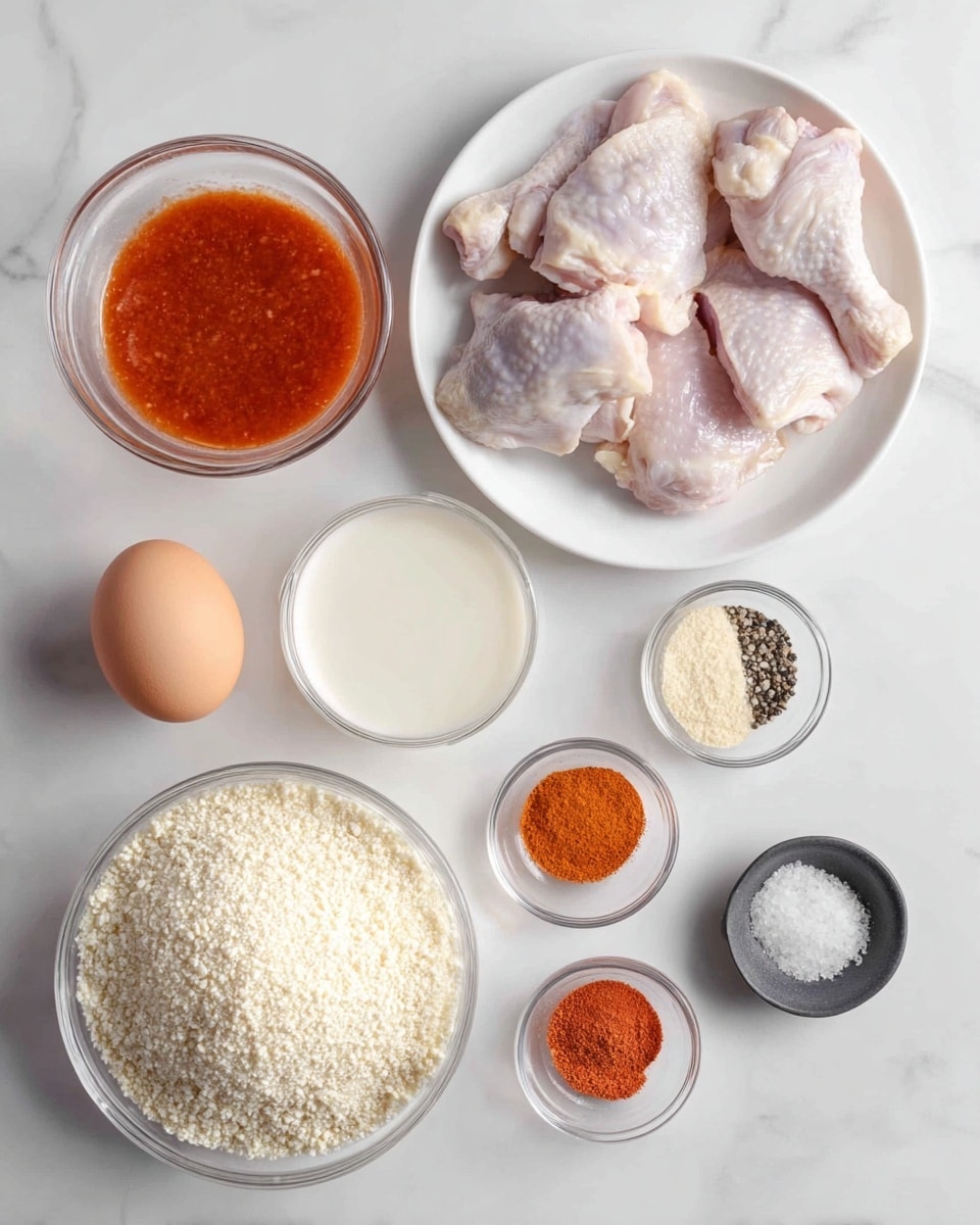 The image shows six items arranged neatly on a white marbled surface. In the top right corner is a white plate with four raw pieces of chicken, pale pink with skin. To the left of the chicken is a small clear glass bowl filled with orange-red sauce. Below the sauce is another small clear glass bowl holding a white creamy liquid. Between these two bowls is a single brown egg. Below the egg is a large white bowl filled with coarse white breadcrumbs. To the right of the breadcrumbs is a small clear glass bowl with three different powders: red, orange, and beige spices. Below that is a small black dish containing salt and black pepper. The photo taken with an iphone --ar 4:5 --v 7