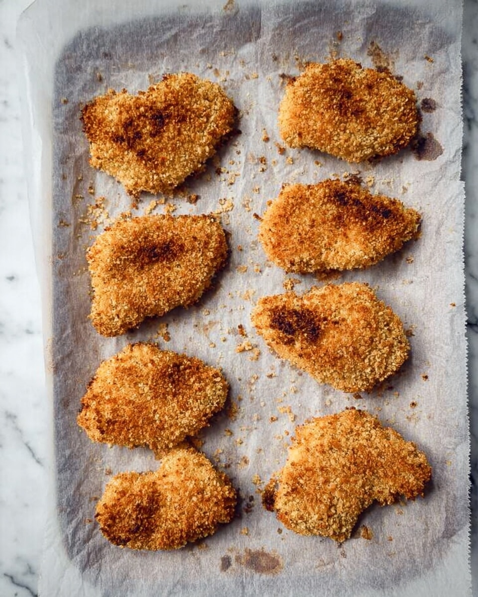 The image shows eight pieces of golden brown breaded food arranged in two rows on a light sheet of parchment paper over a white marbled surface. The pieces have a crunchy texture with uneven edges and some darker spots where the crust is more toasted. The parchment paper is slightly stained with small spots of oil or crumbs, giving it a rustic look. photo taken with an iphone --ar 4:5 --v 7