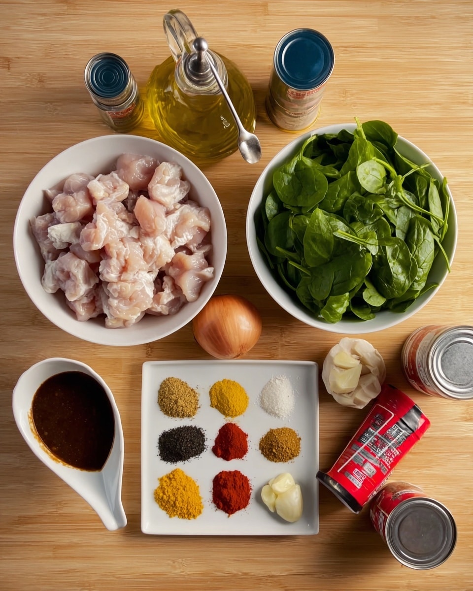 The image shows a wooden table with ingredients neatly arranged for cooking. There are two white bowls: one filled with chopped raw chicken pieces and the other full of fresh green spinach leaves. Next to them, there is a small white plate holding various colorful spices in small piles, including yellow, brown, red, black, and white colors. A smaller white dish contains two dollops of minced garlic and ginger. Nearby is a whole brown onion and two cans, one with a red label and one with a black label. A tube of red paste and a white sauce boat holding dark brown sauce are also placed on the table. An olive oil bottle with a metal spout is above the bowls. The surface is a warm light wood texture, changed to a white marbled texture. Photo taken with an iphone --ar 4:5 --v 7