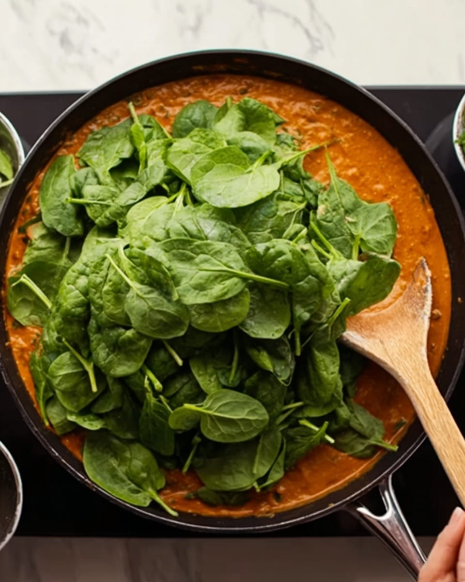 A skillet filled with a thick orange sauce forms the base layer, with a large pile of fresh bright green spinach leaves placed on top, slightly covering the sauce. A wooden spoon is resting on the edge of the skillet, partly submerged in the sauce, and a woman's hand is holding a small bowl over the skillet on the right. The skillet sits on a white marbled surface. Photo taken with an iphone --ar 4:5 --v 7