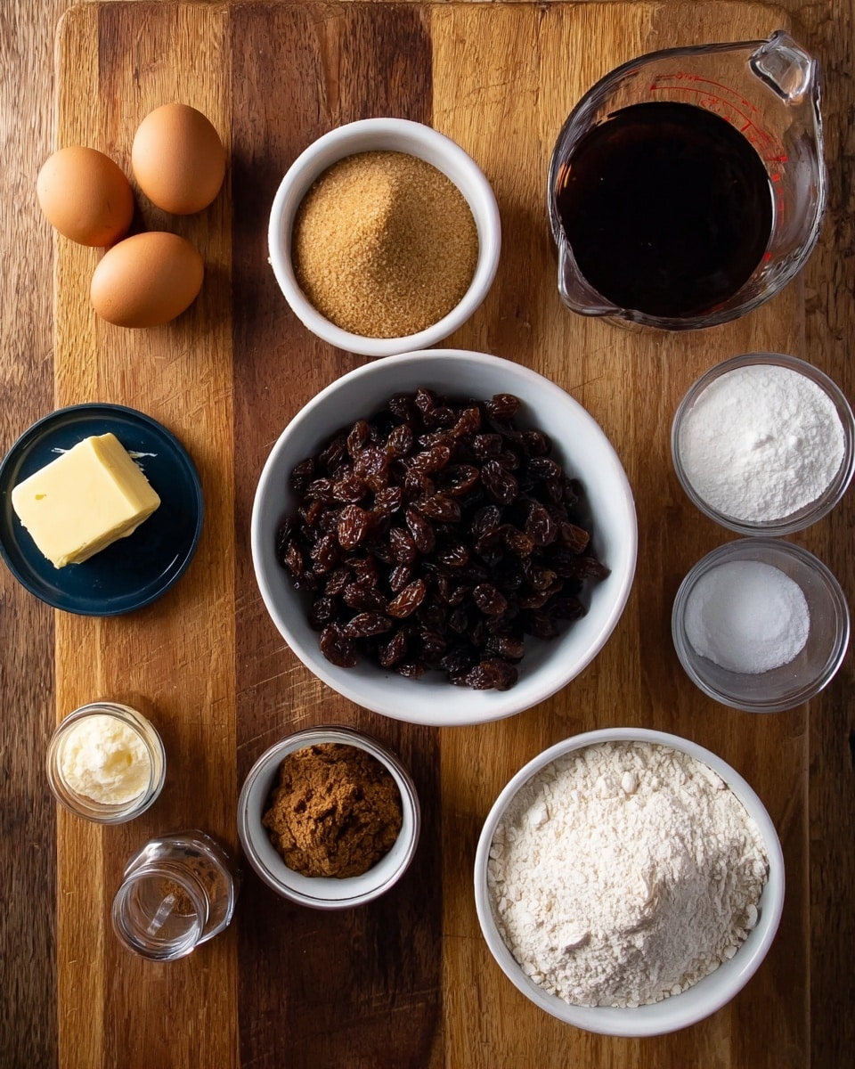 The image shows a flat wooden surface with several small white bowls and containers holding different ingredients. In the center is a white bowl filled with dark brown raisins. To the right of it is a white bowl filled with white flour. Above the flour is a white bowl with light brown brown sugar. To the left of the raisins is a small dark blue dish holding a piece of yellow butter. Next to the butter are two brown eggs placed on the wooden surface. Above the raisins is a clear glass measuring cup filled with dark syrup, and below the butter are two small containers, one with a darker brown powder and the other with white baking powder. All items are placed on a flat wooden board that contrasts with the white bowl colors. photo taken with an iphone --ar 4:5 --v 7
