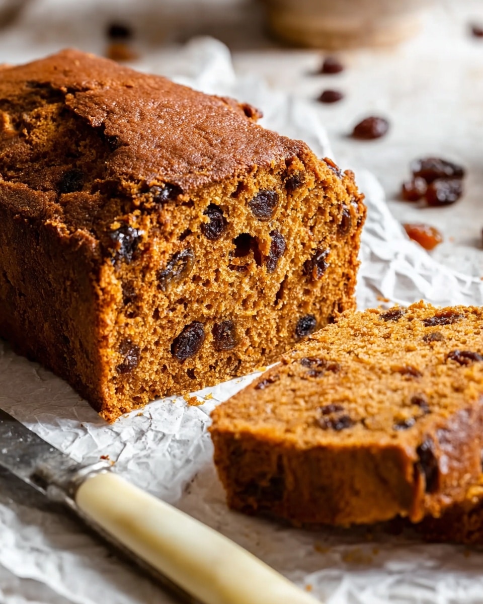 A close-up of a loaf of fruit bread with a rough, golden-brown crust on top and sides. The inside shows two thick layers filled with small, dark raisins and a soft, dense, light brown texture. A thick slice is cut on the right side, displaying the same dense and raisin-filled inside. The bread rests on crumpled white parchment paper, with a silver knife and cream-colored handle lying nearby. The background is a white marbled texture with scattered raisins out of focus. Photo taken with an iphone --ar 4:5 --v 7