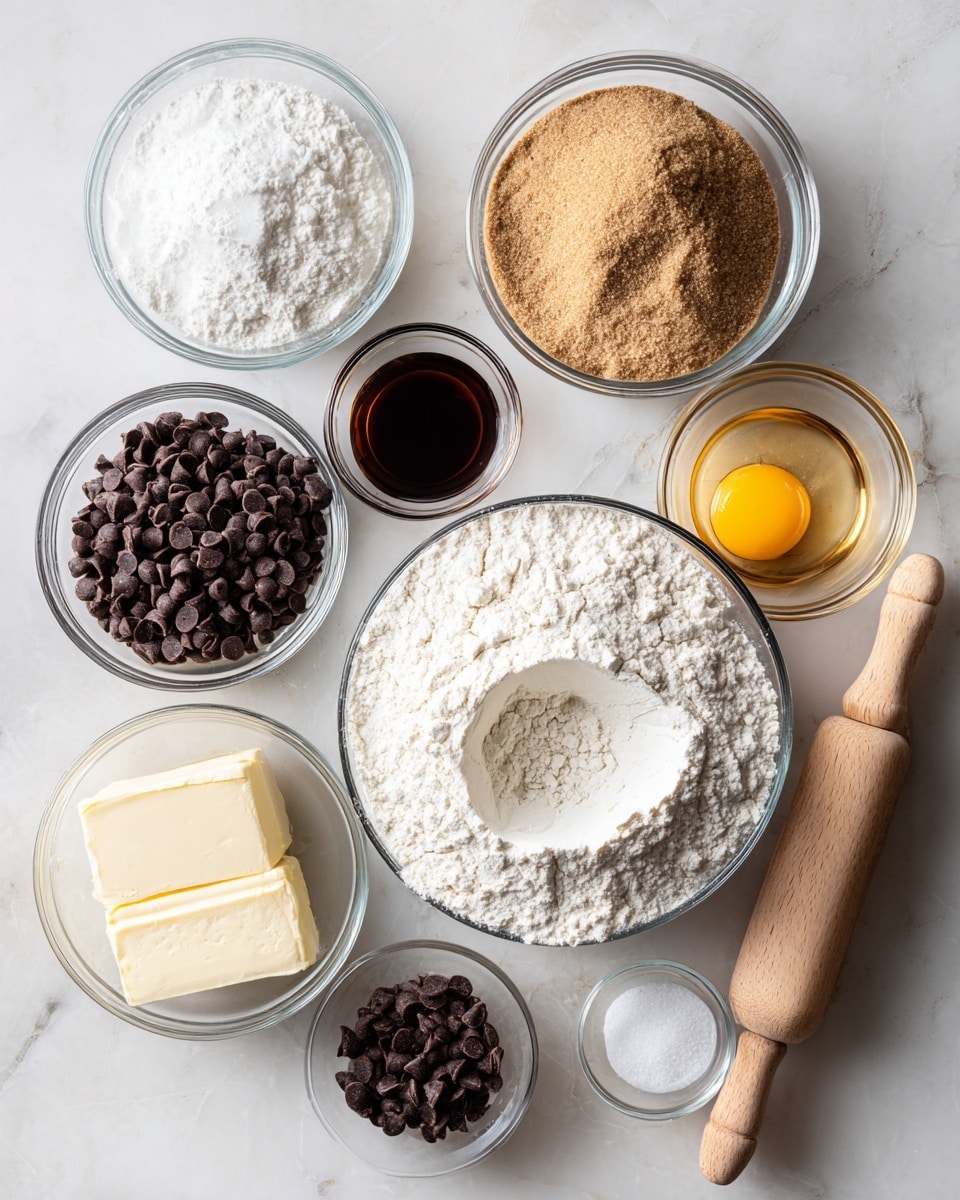 This image shows ingredients for baking neatly placed on a white marbled surface. There are nine clear glass bowls and containers arranged in a loose circle. At the bottom center, a large bowl holds white flour with a small well in the middle. To the right of the flour bowl, there is a tiny glass bowl with a dark liquid, likely vanilla, and next to it a small bowl with salt. Above these, another small bowl contains a cracked raw egg with a bright yellow yolk, placed next to a bigger bowl full of dark chocolate chips. On the left side of the flour bowl, a small round container holds white sugar, and above it is a bigger bowl filled with brown sugar. A stick of butter wrapped in paper lies horizontally between the brown sugar and flour bowls. A wooden rolling pin is placed on the far right edge of the scene. All items rest on the clean white marbled surface with soft natural light. Photo taken with an iphone --ar 4:5 --v 7