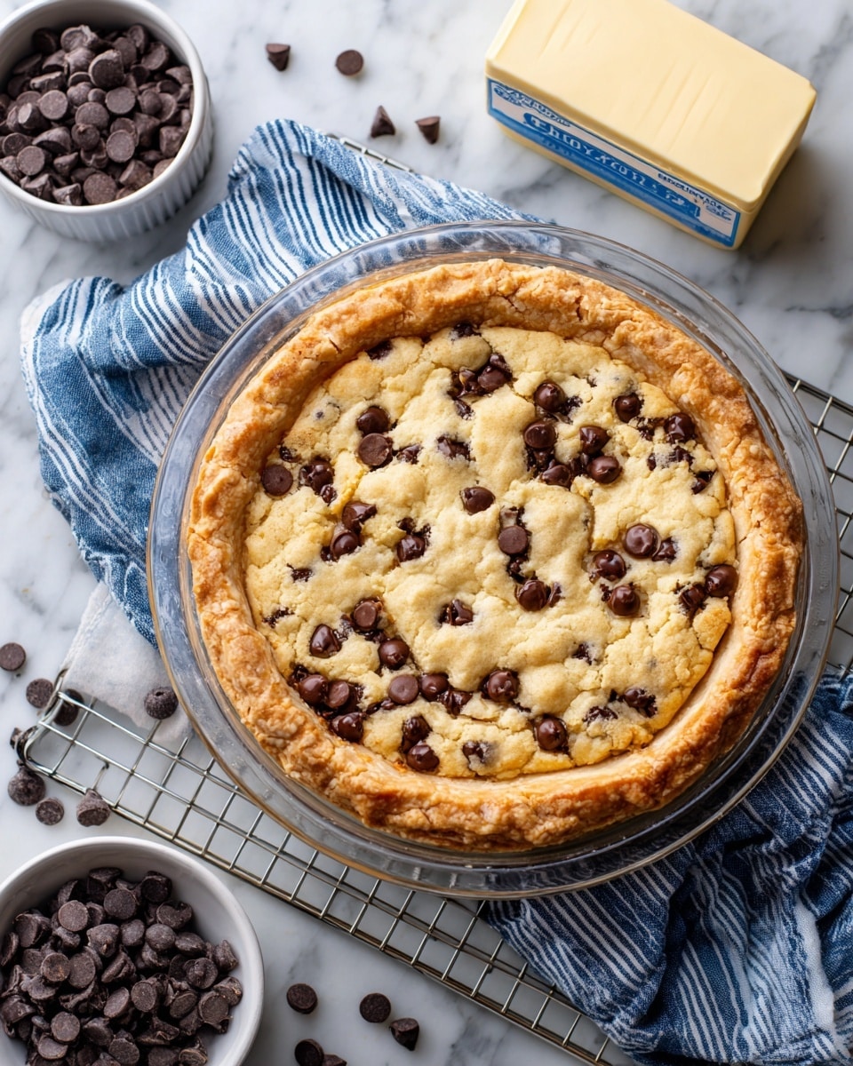 The image shows a round chocolate chip cookie pie in a clear glass dish with a light golden crust around the edges. The top layer is a baked cookie dough with scattered dark brown chocolate chips that are partly melted into the surface, creating a slightly bumpy texture. The crust looks flaky and thick, with an uneven edge. The pie is placed on a metal cooling rack, which sits on a white marbled surface. Around the pie, there is a block of unsalted butter in white and blue packaging and a small white bowl filled with dark chocolate chips. A striped blue and white cloth is partially under the cooling rack. Photo taken with an iphone --ar 4:5 --v 7